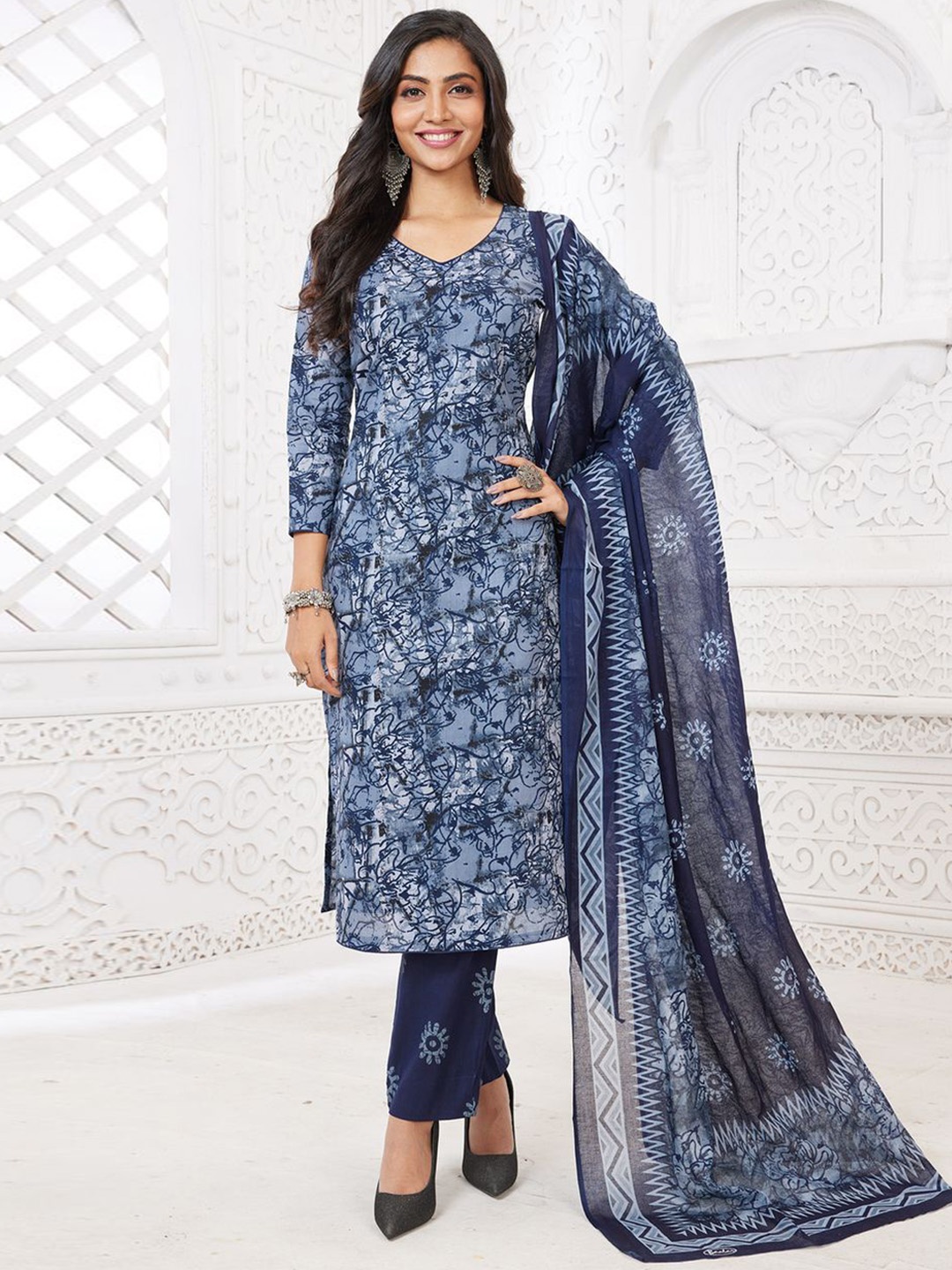 

MIRAAN Abstract Printed Pure Cotton Unstitched Dress Material, Blue