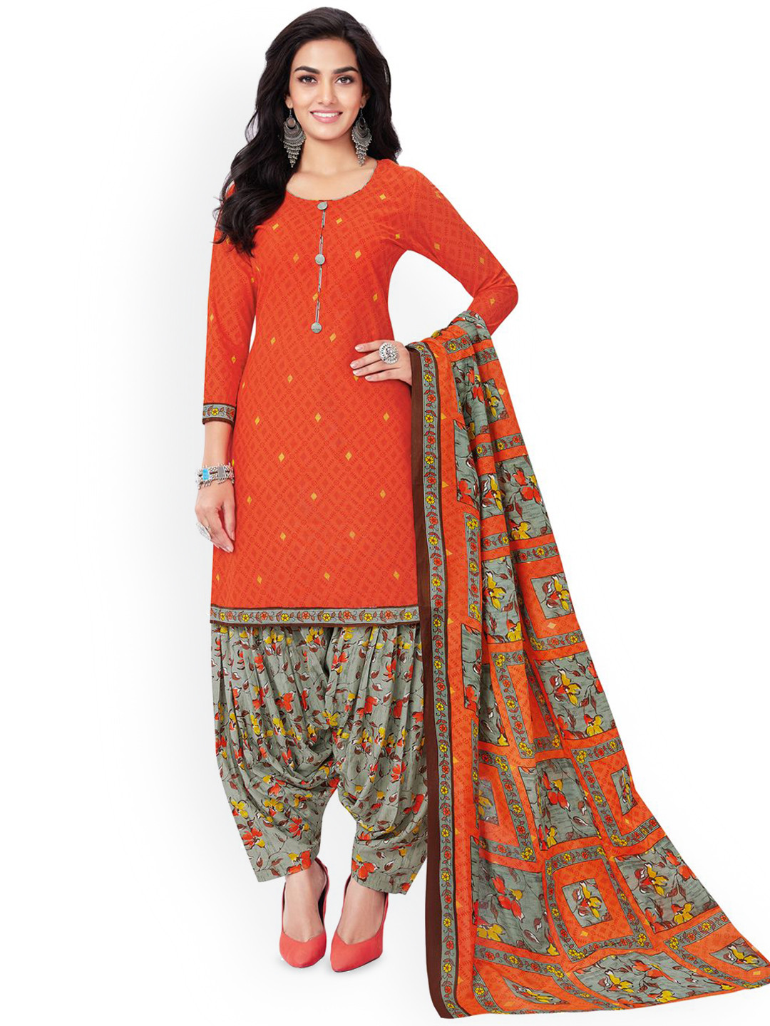 

MIRAAN Ethnic Motifs Printed Pure Cotton Kurta with Salwar & Dupatta, Orange