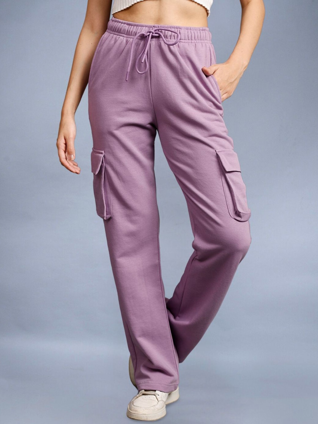 

PRONK Women Cotton Relaxed-Fit Cargo Track Pants, Lavender