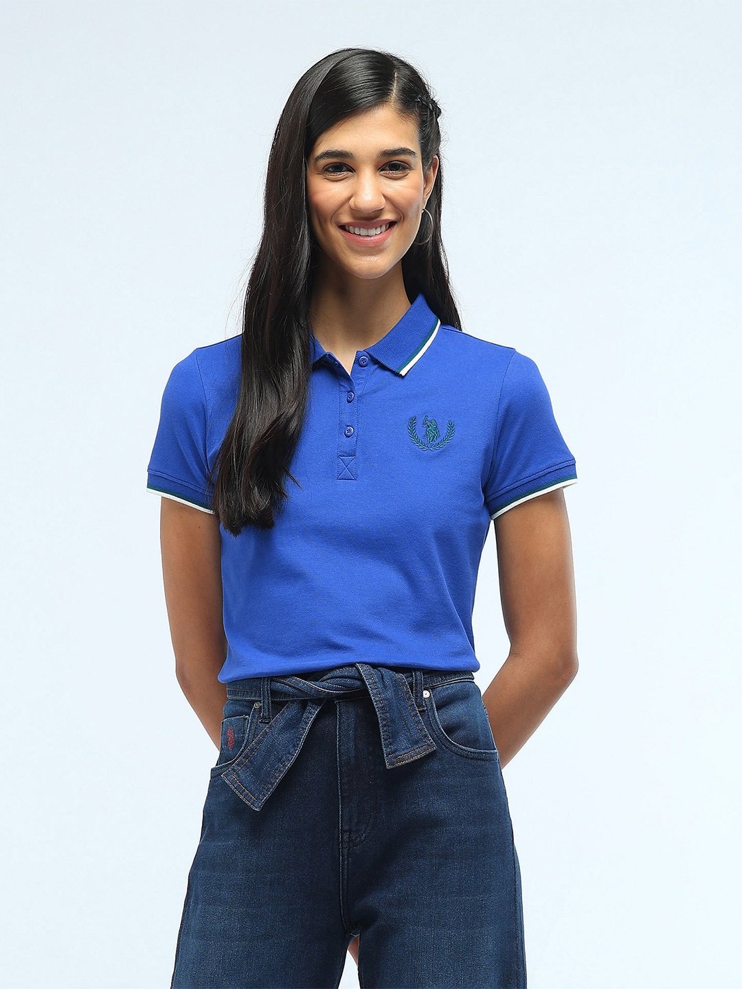 

U.S. Polo Assn. Women Brand Logo Printed Polo Collar Cotton T-Shirt, Blue