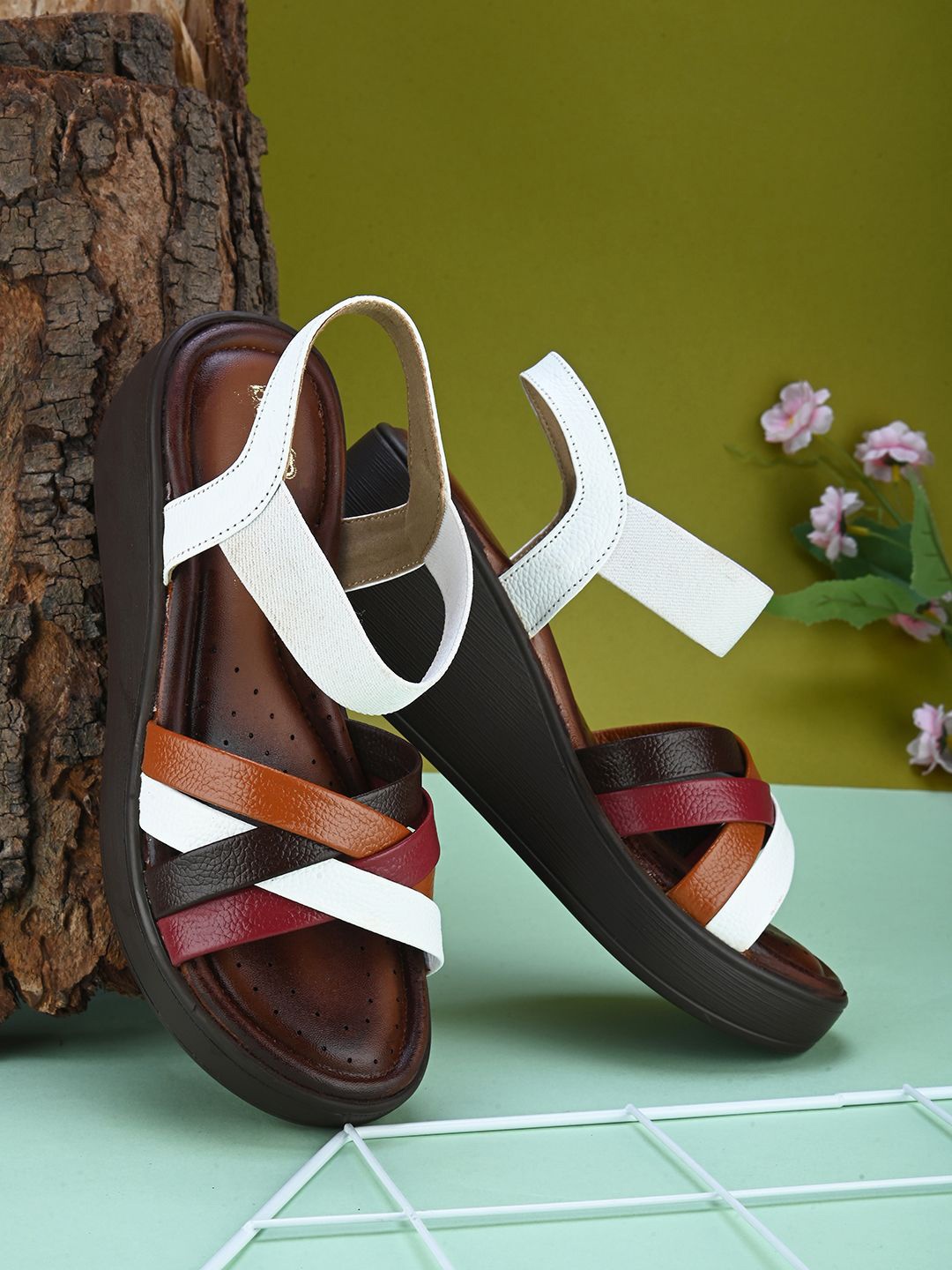 

pelle albero Women Leather Open Toe Wedge Sandals, Brown