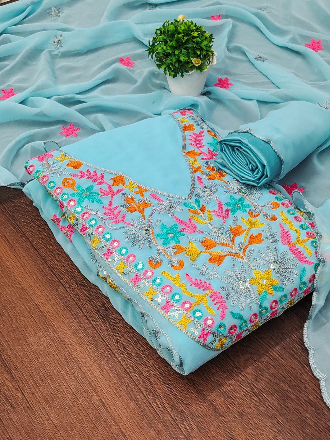 

Panzora Floral Embroidered Sequinned Unstitched Dress Material, Blue