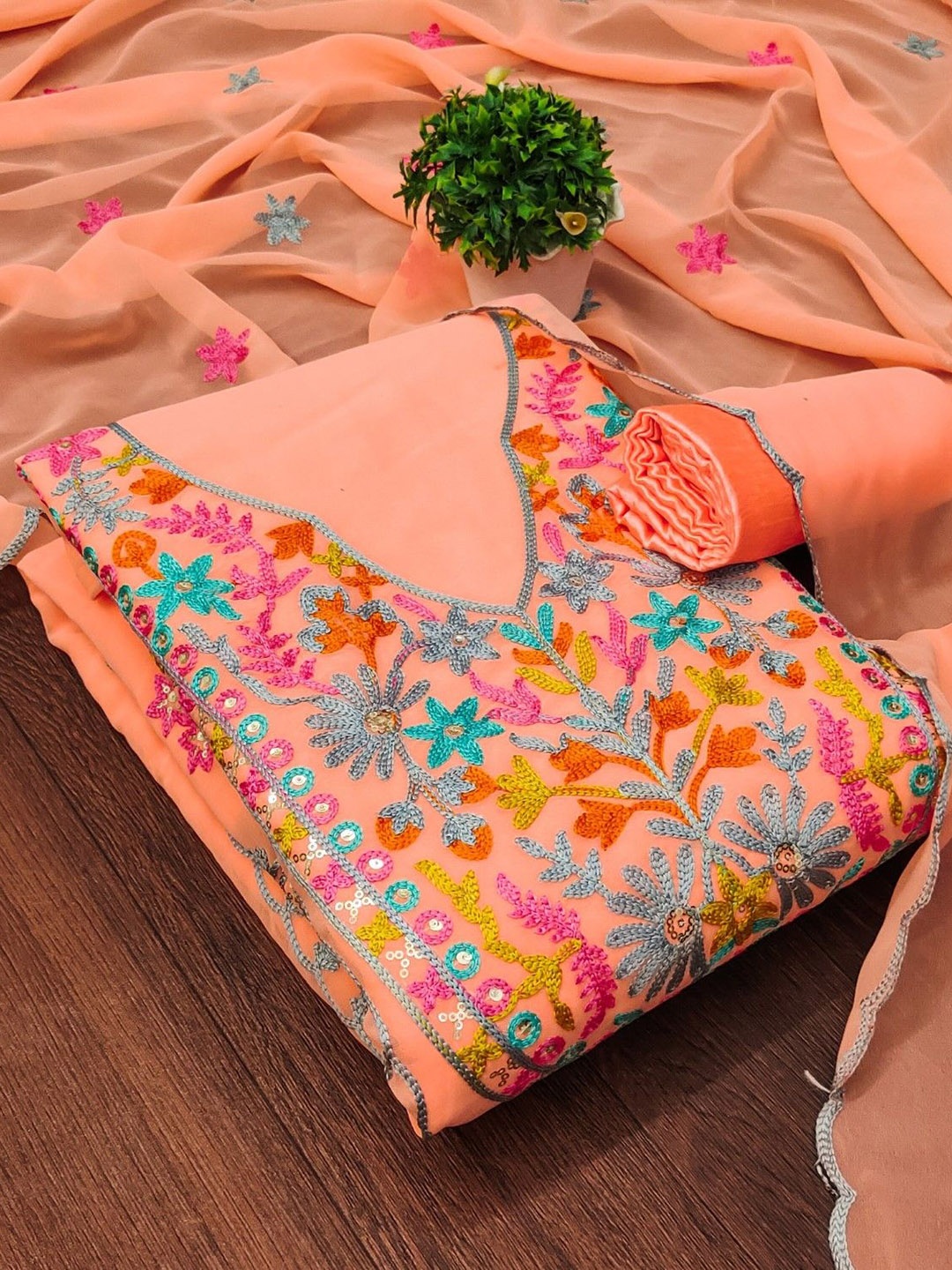 

Panzora Floral Embroidered Sequinned Unstitched Dress Material, Orange