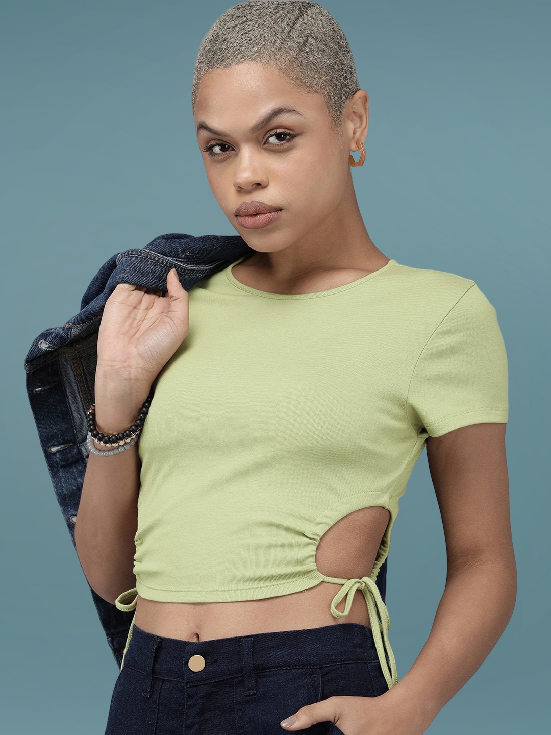 

DressBerry Women Solid Round Neck Slim Fit Crop T-shirt, Lime green