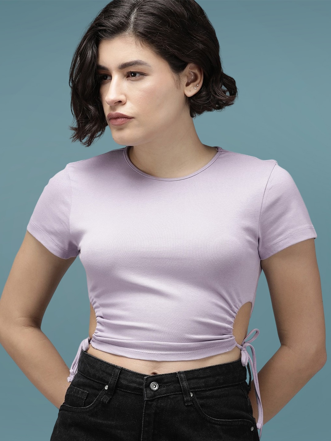

DressBerry Women Solid Round Neck Slim Fit Crop T-shirt, Violet