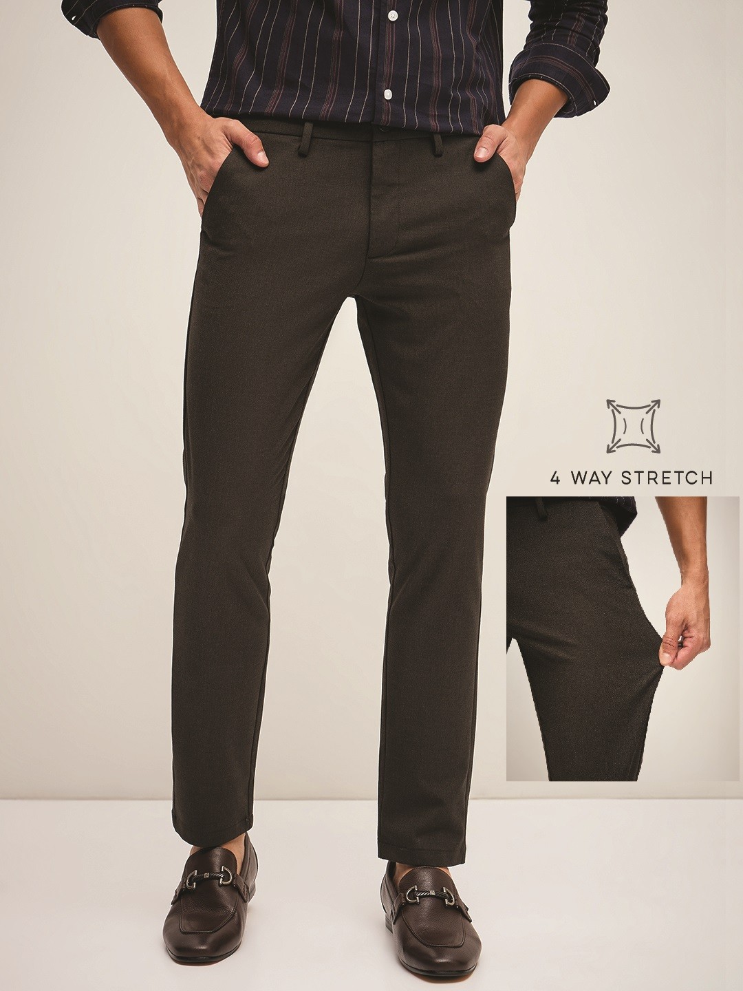 

THE BEAR HOUSE Men Solid 4 Way Stretch Slim Fit Formal Trouser, Brown
