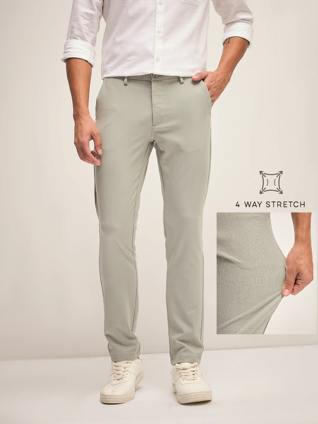 

THE BEAR HOUSE Men Solid 4 Way Stretch Slim Fit Formal Trouser, Green