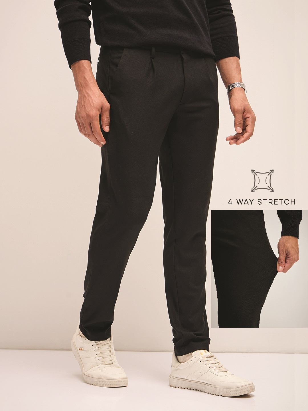 

THE BEAR HOUSE Men Solid 4 Way Stretch Slim Fit Formal Trouser, Black