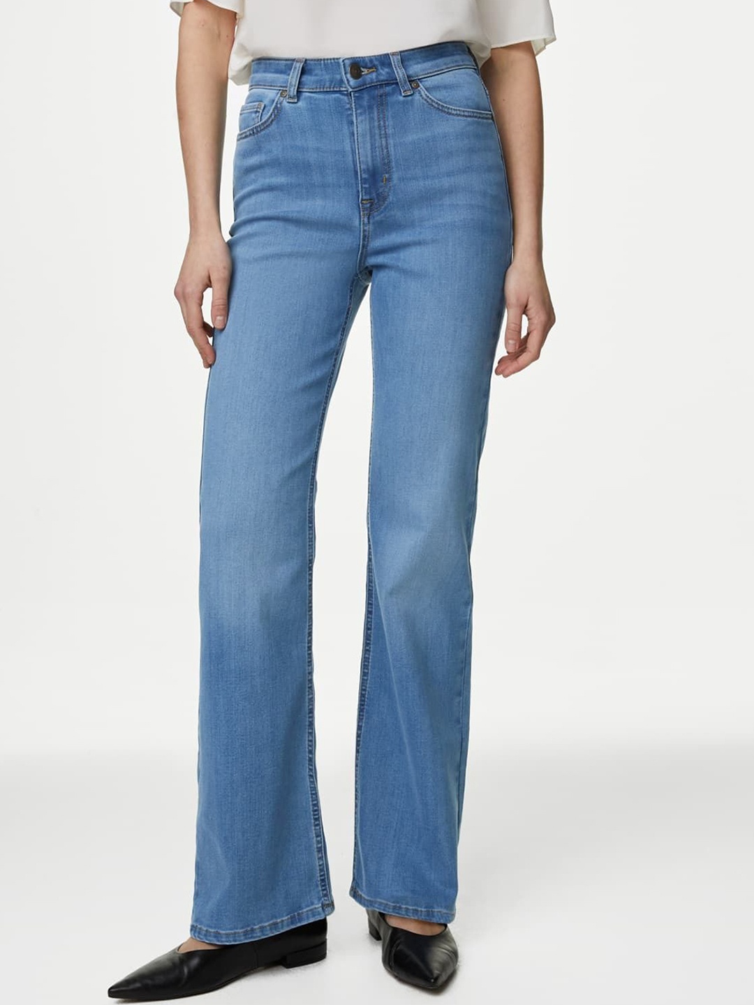 

Marks & Spencer Women Flared High-Rise Slash Knee Jeans, Blue
