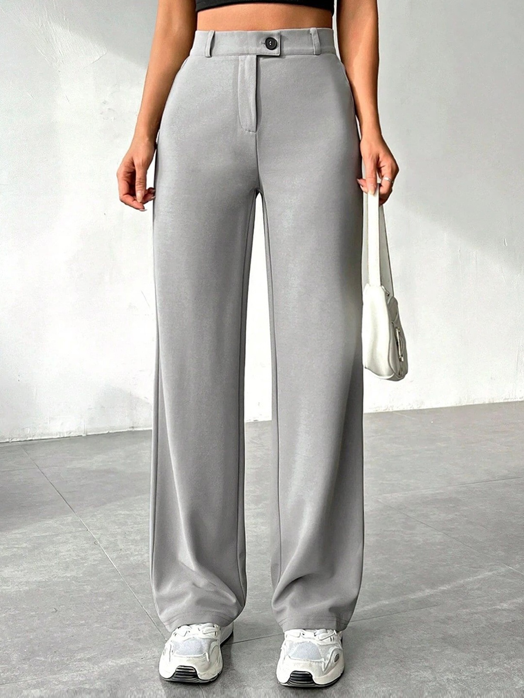 

FNOCKS Women Relaxed High-Rise Wrinkle Free Regular Trousers, Grey