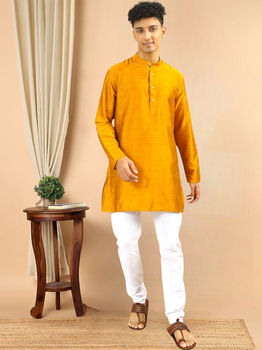 

TATTVA Mandarin Collar Long Sleeves Straight Short Kurta, Rust