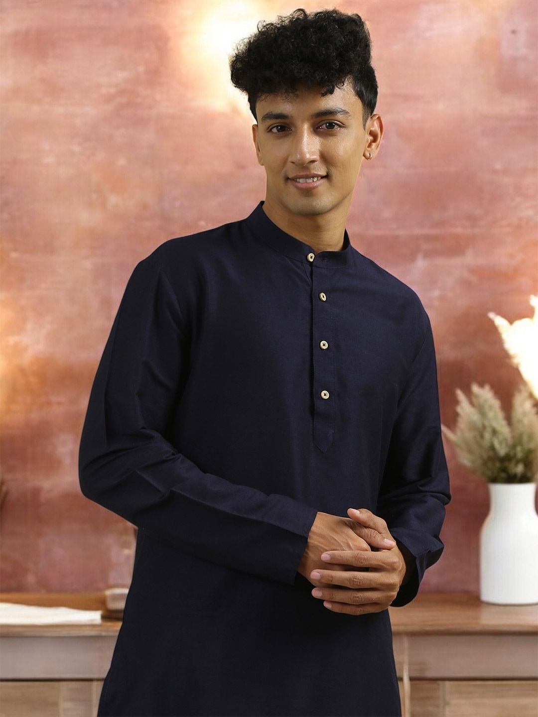 

TATTVA Mandarin Collar Long Sleeves Straight Short Kurta, Navy blue