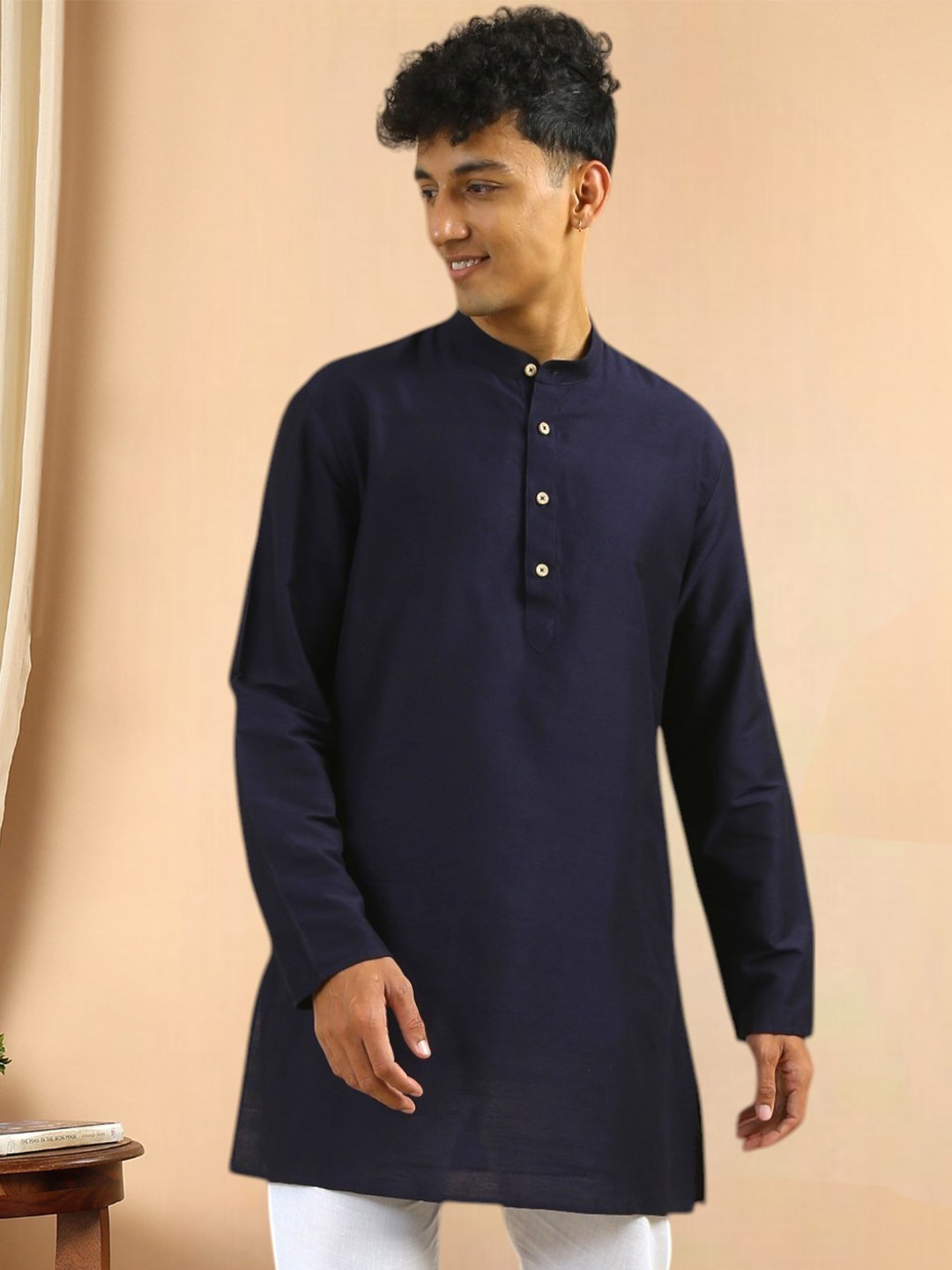 

TATTVA Mandarin Collar Long Sleeves Straight Short Kurta, Navy blue