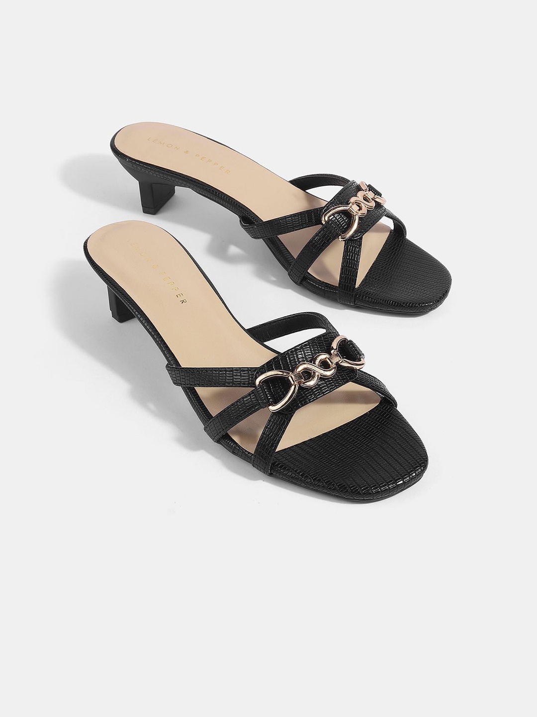 

LEMON & PEPPER Women Embellished PU Block Sandals, Black