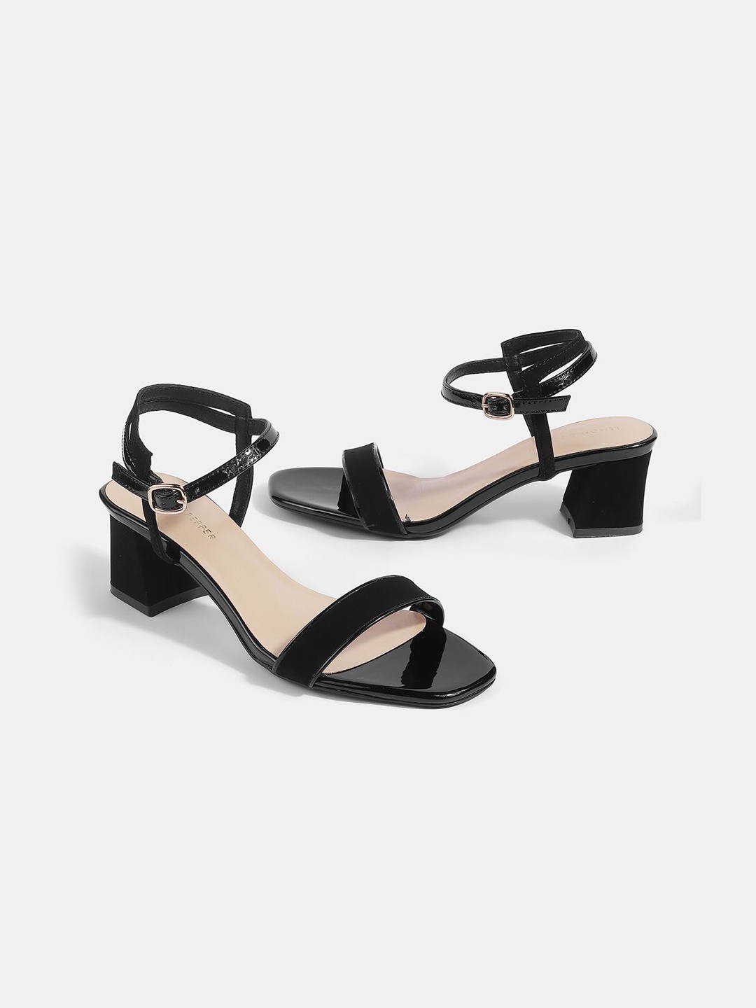 

LEMON & PEPPER PU Party Block Sandals with Buckles, Black