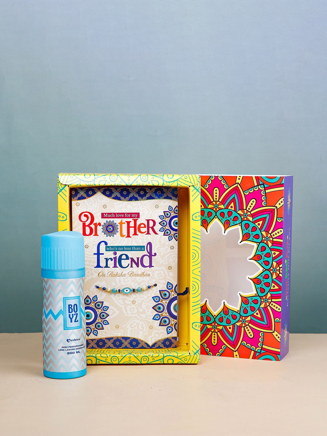 

Archies Set Of 2 Rakhi, Greeting Card With Deodorant Gift Set, Blue