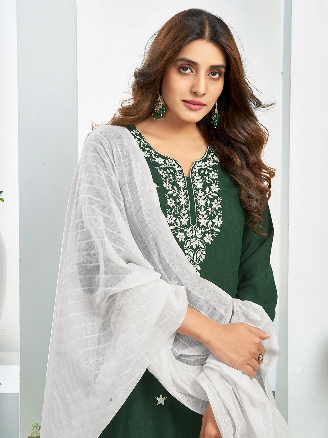 

KALINI Floral Embroidered Thread Work Straight Kurta With Trousers & Dupatta, Green