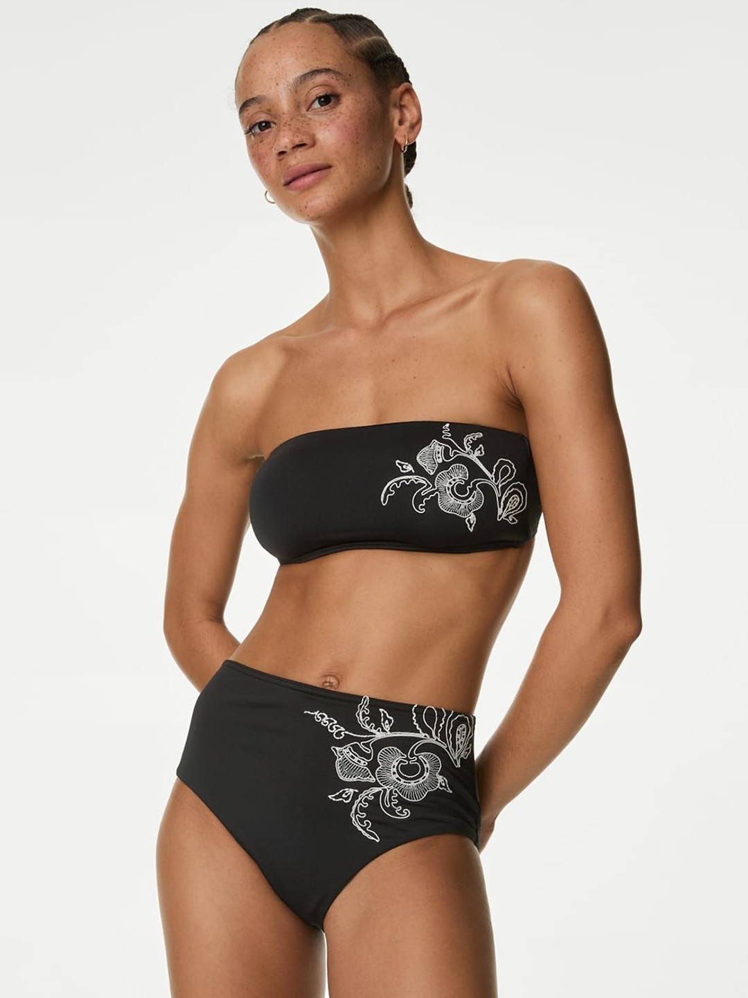 

Marks & Spencer Women Embroidered High Waisted Swim Bottoms, Black