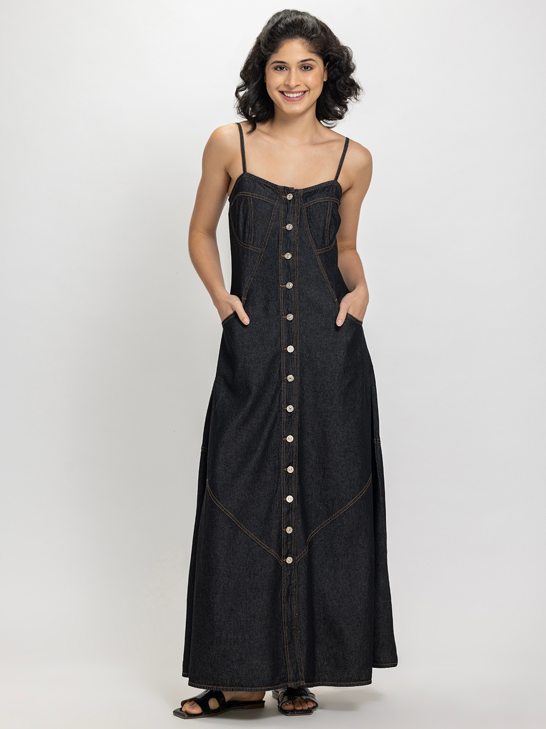 

DESIGNS BY QUEEN BEE Shoulder Straps Denim Maxi Midi Dress, Black