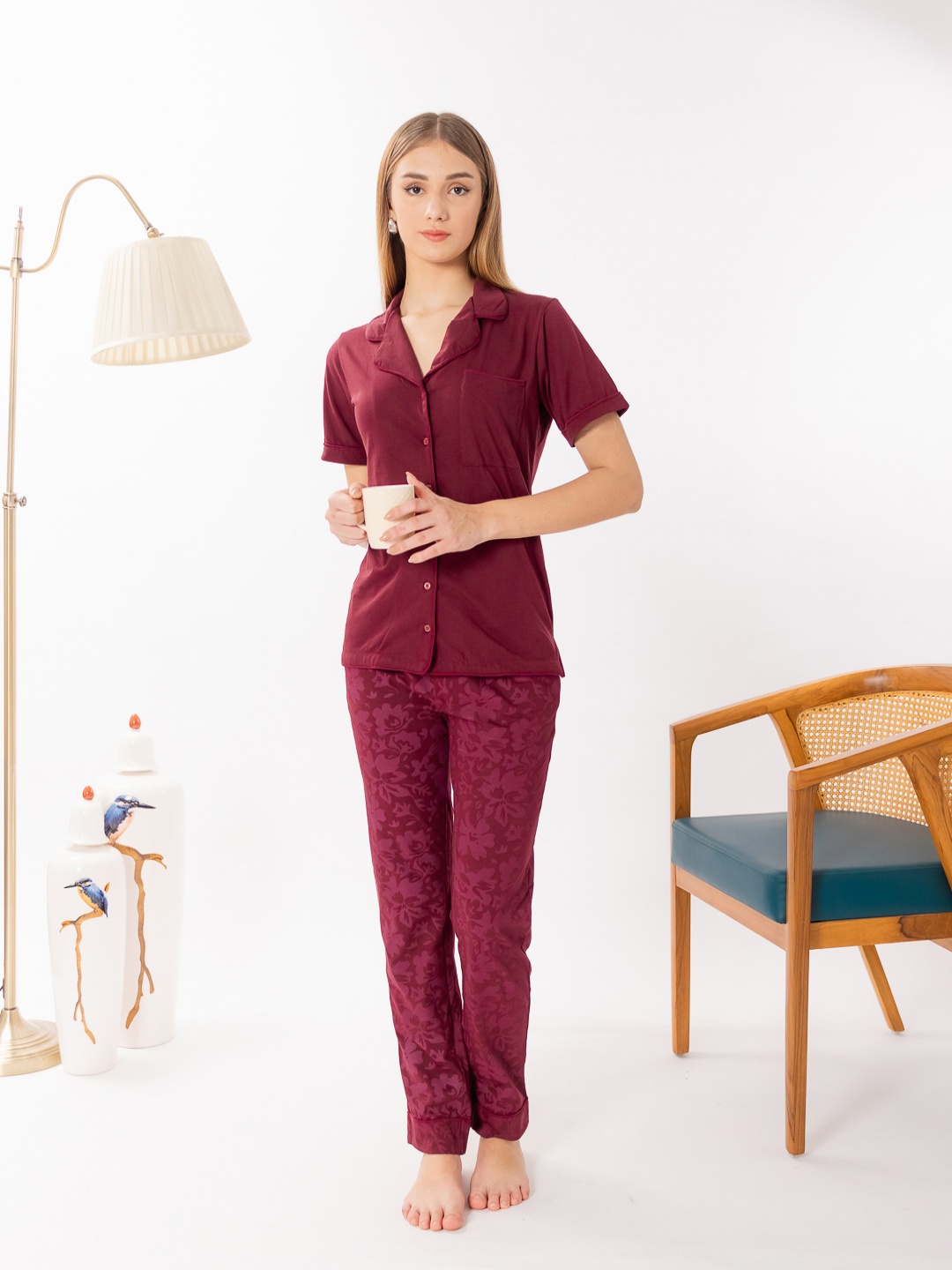 

ELEVENS HEAVEN Floral Print Pure Cotton Pyjama Set, Maroon