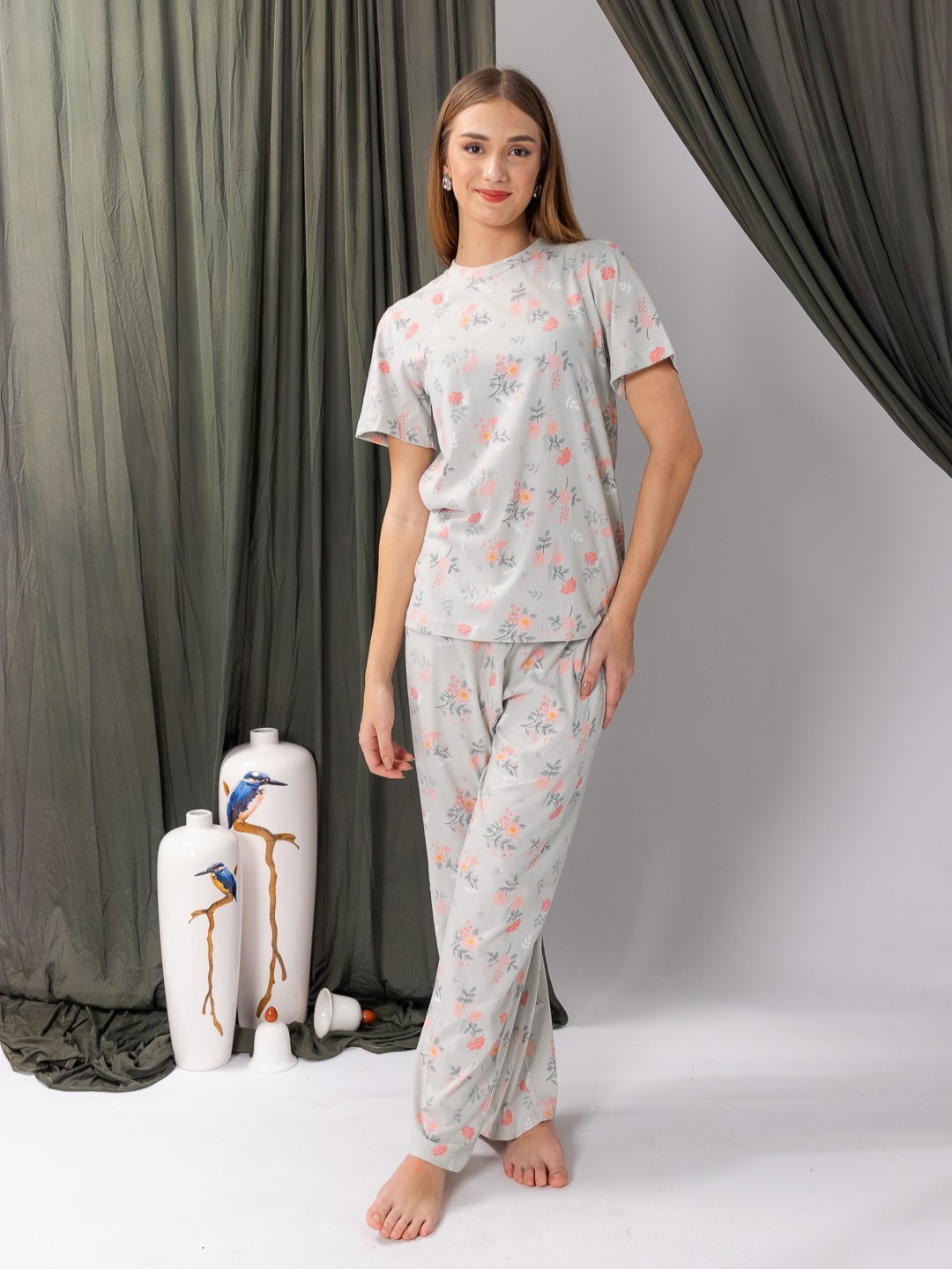 

ELEVENS HEAVEN Floral Printed Pyjama Set, Grey