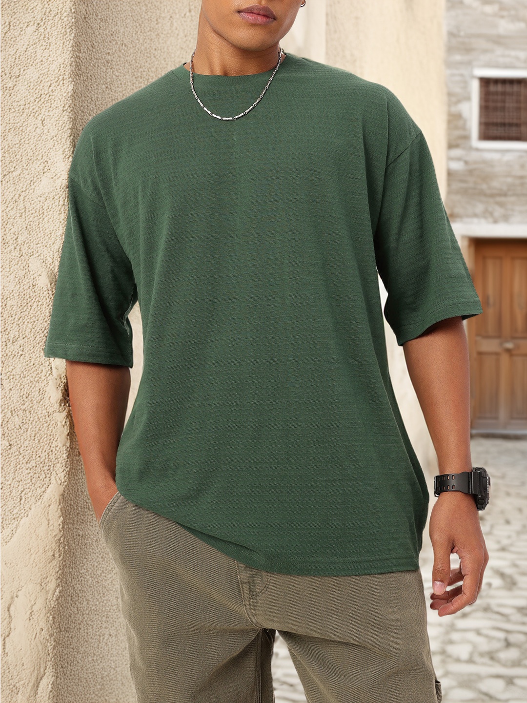 

Kook N Keech Urban Textured Drop-Shoulder Oversized T-shirt, Green