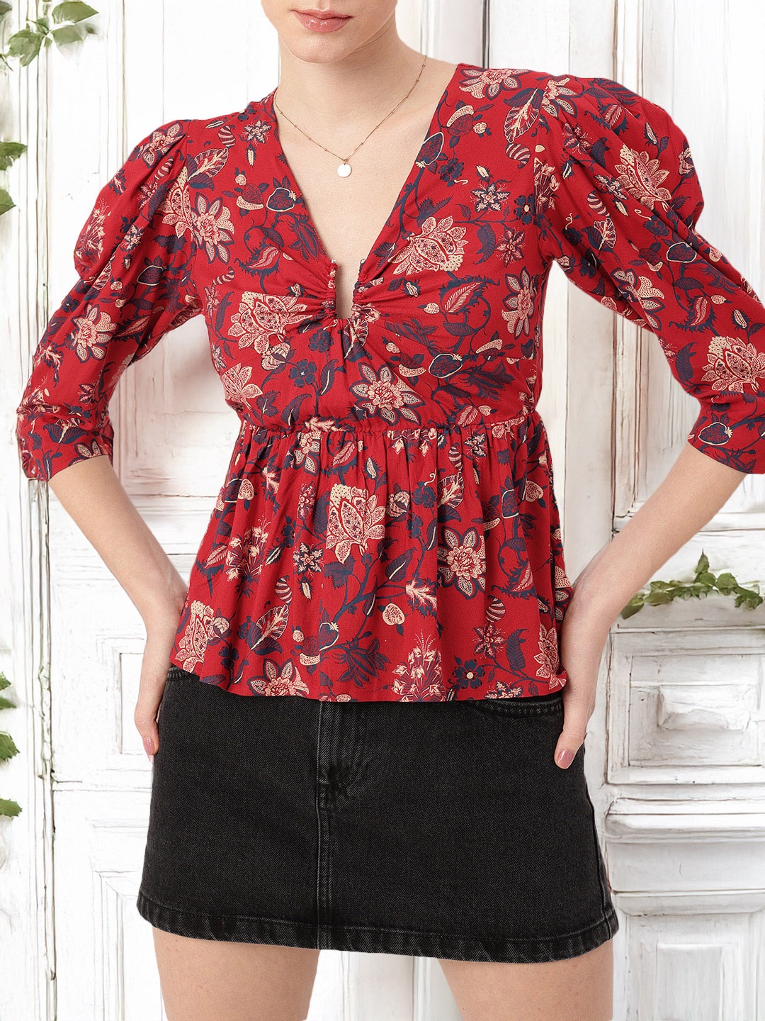 

DressBerry Indie Chic Printed Puff Sleeves Gathered A-Line Top, Red