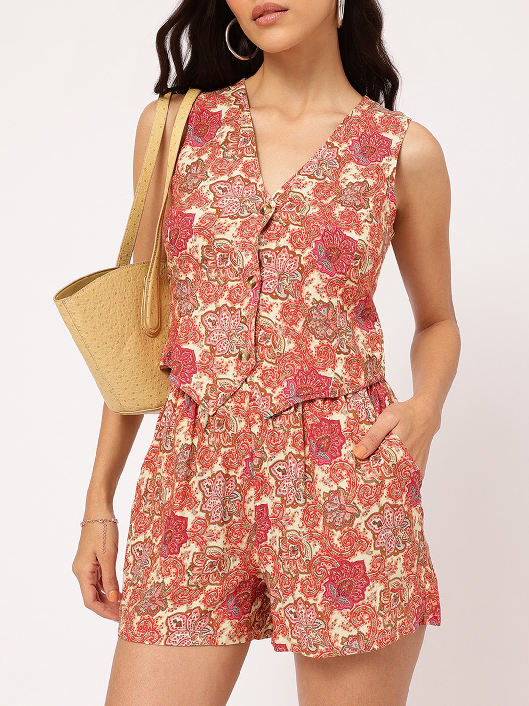 

DressBerry Slay All-Day Sleeveless Floral Printed Co-Ords, Brown