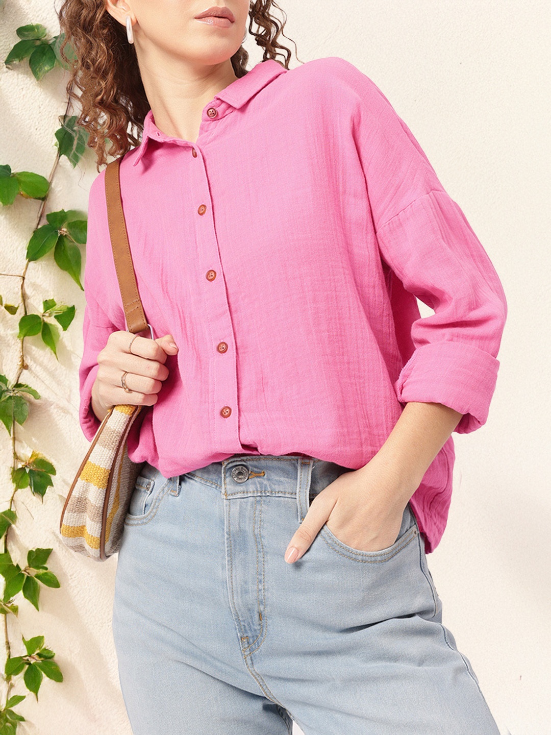 

DressBerry Girlboss Glam Crinkled Casual Shirt, Pink