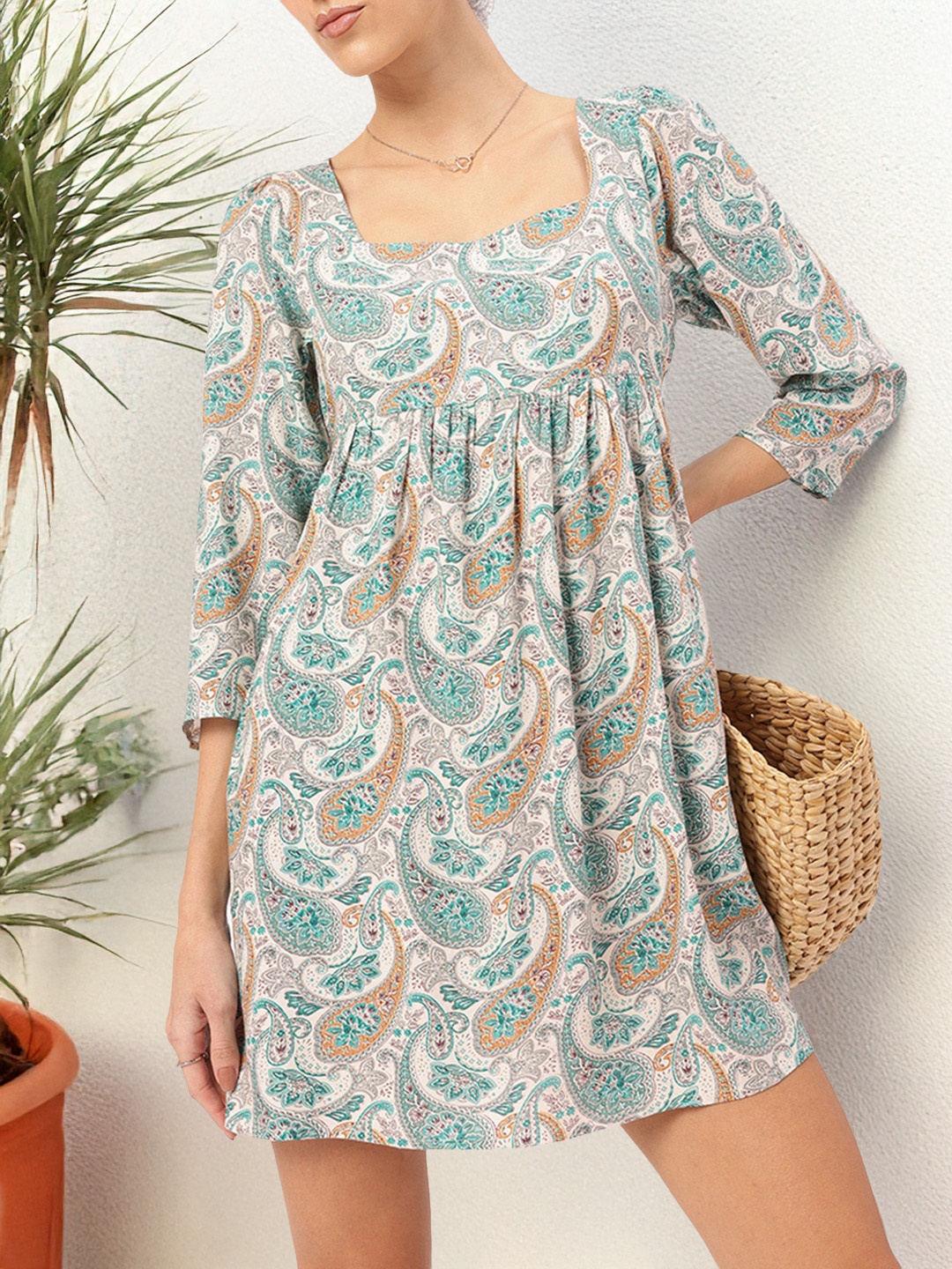 

DressBerry Retro Blooms Paisley Printed Square Neck A-Line Mini Dress, Blue