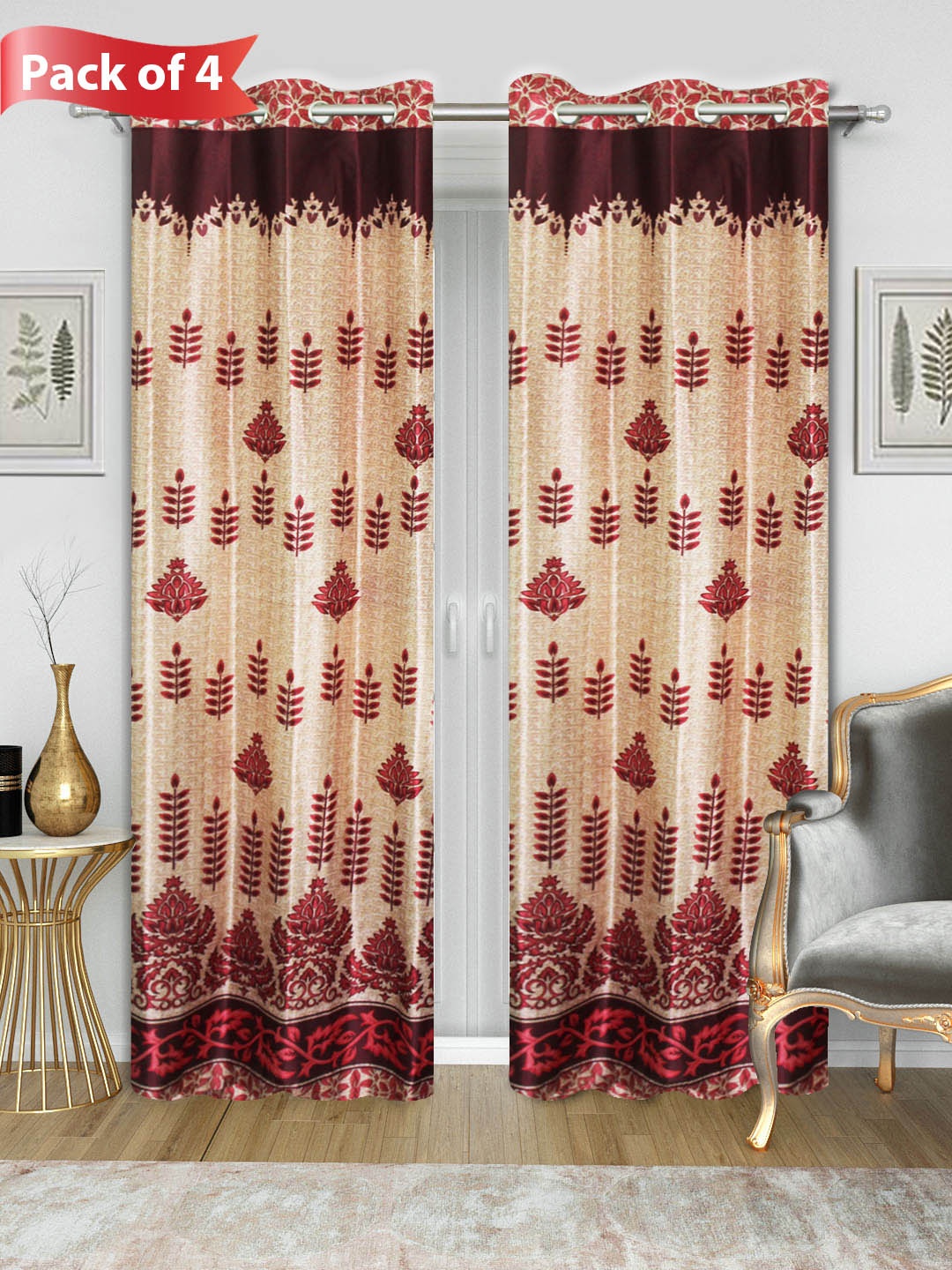 

Aura Maroon & Beige 4 Pieces Floral Printed Door Curtain