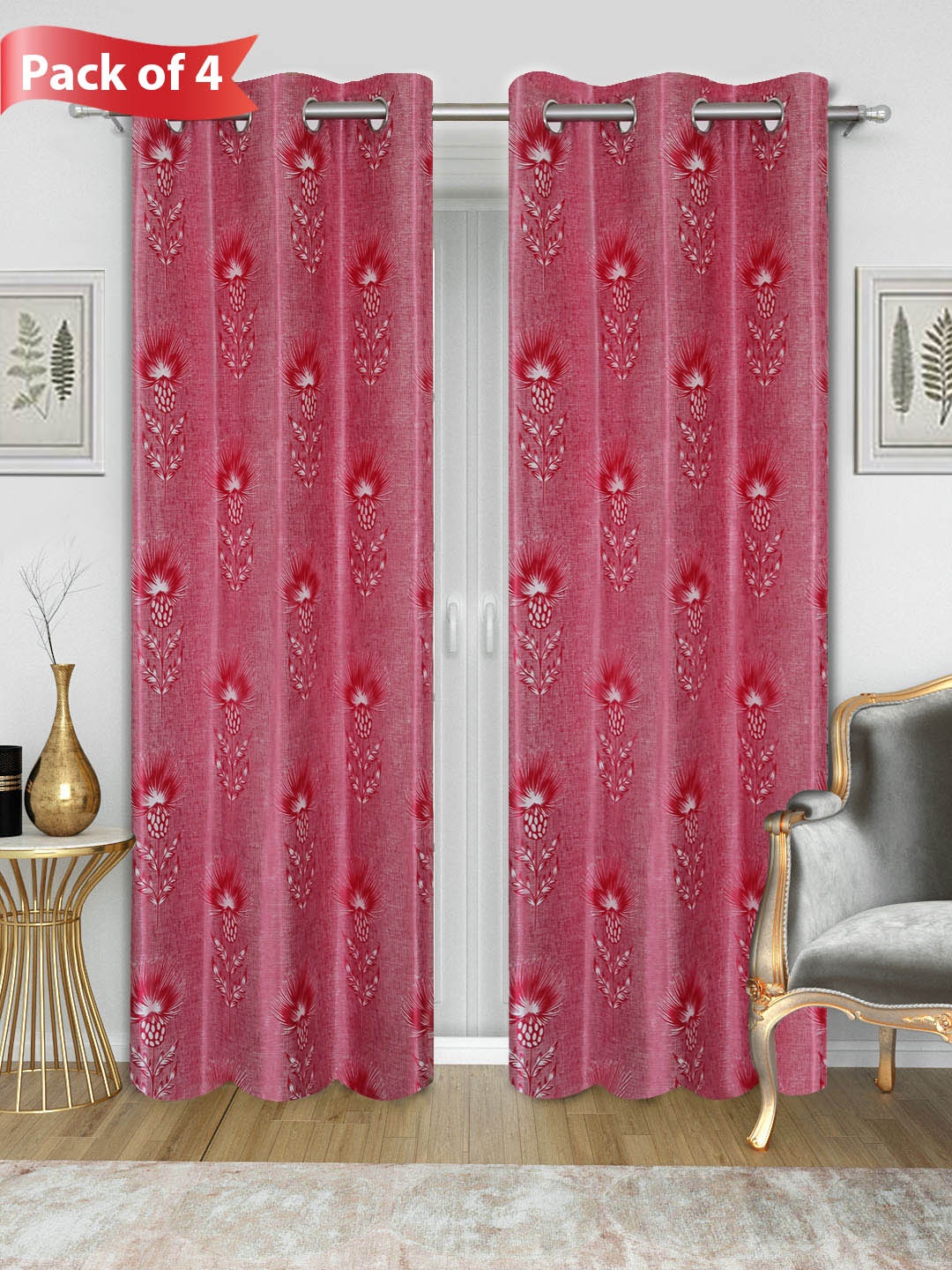 

Aura Red & White 4 Pieces Floral Long Door Curtain