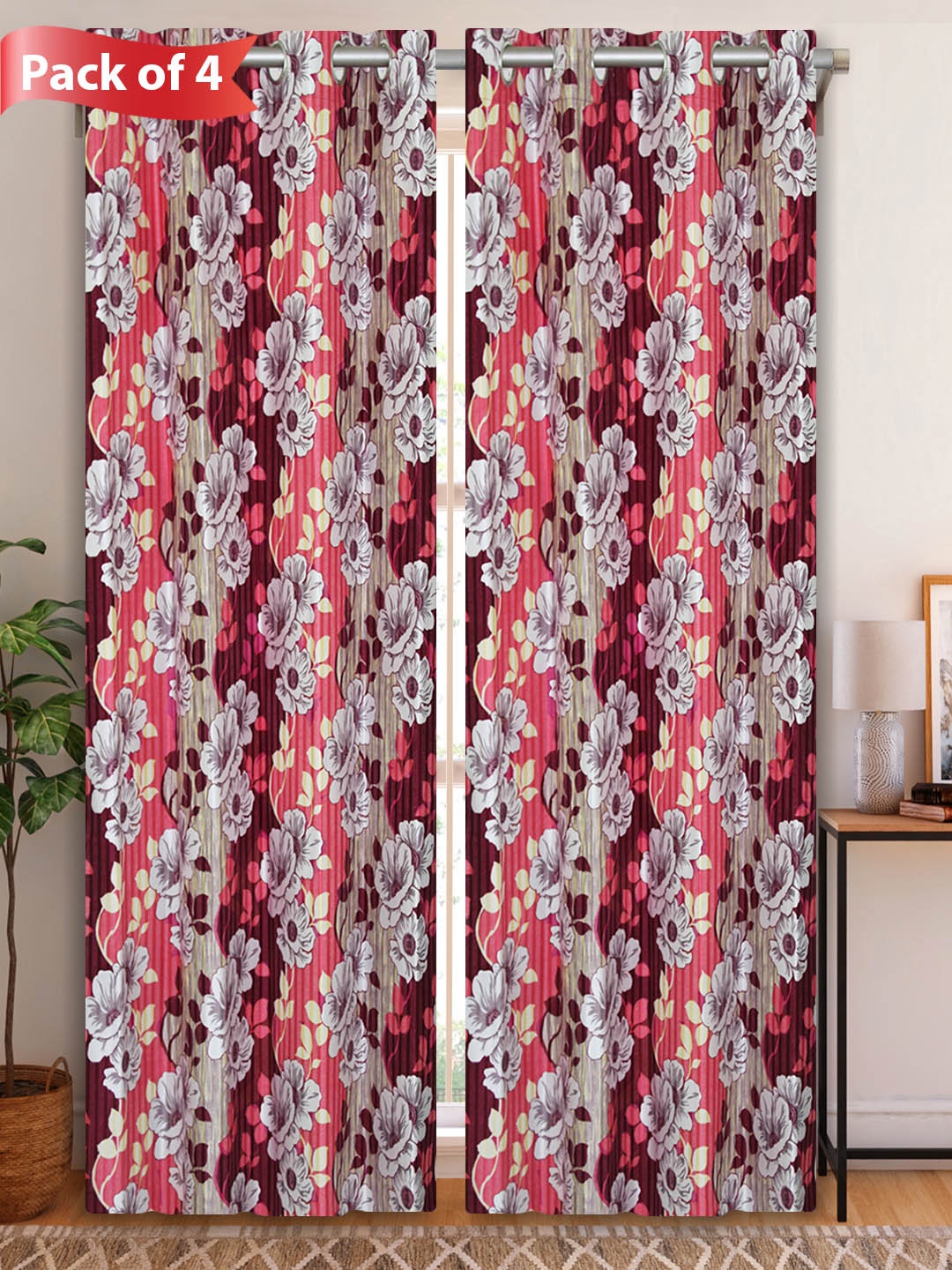 Aura Maroon & Grey 4 Pieces Floral Door Curtain