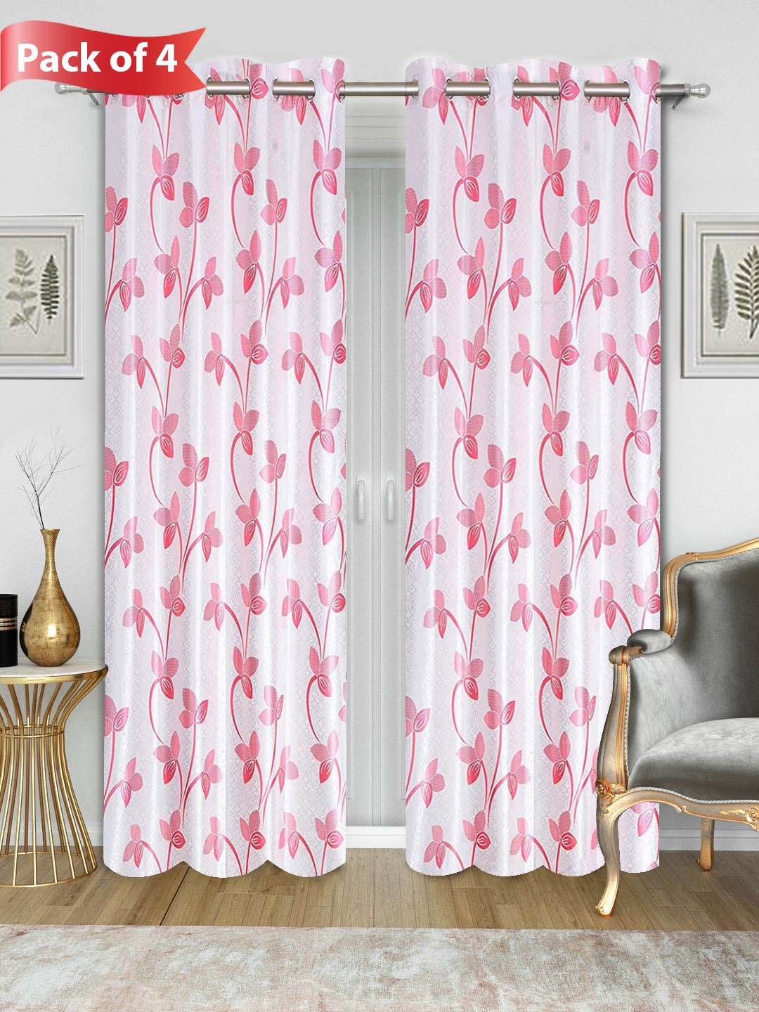 

Aura Pink & White & Pink 4 Pieces Floral Door Curtain