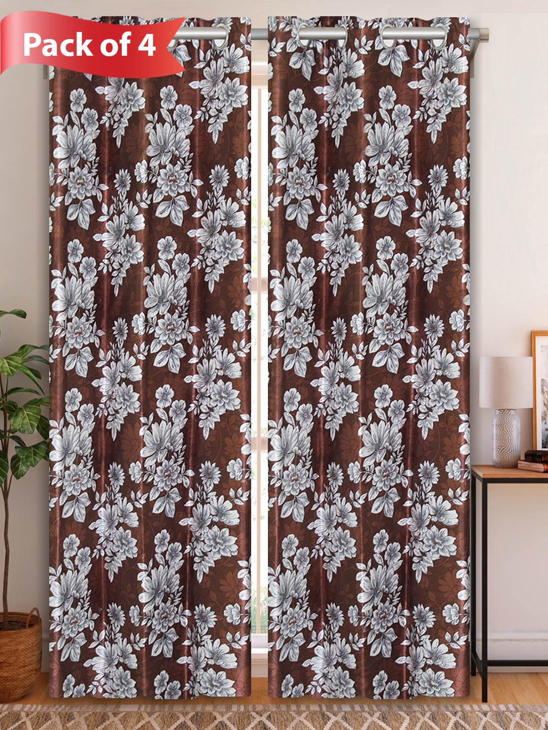 Aura Brown & White 4 Pieces Floral Printed Door Curtain