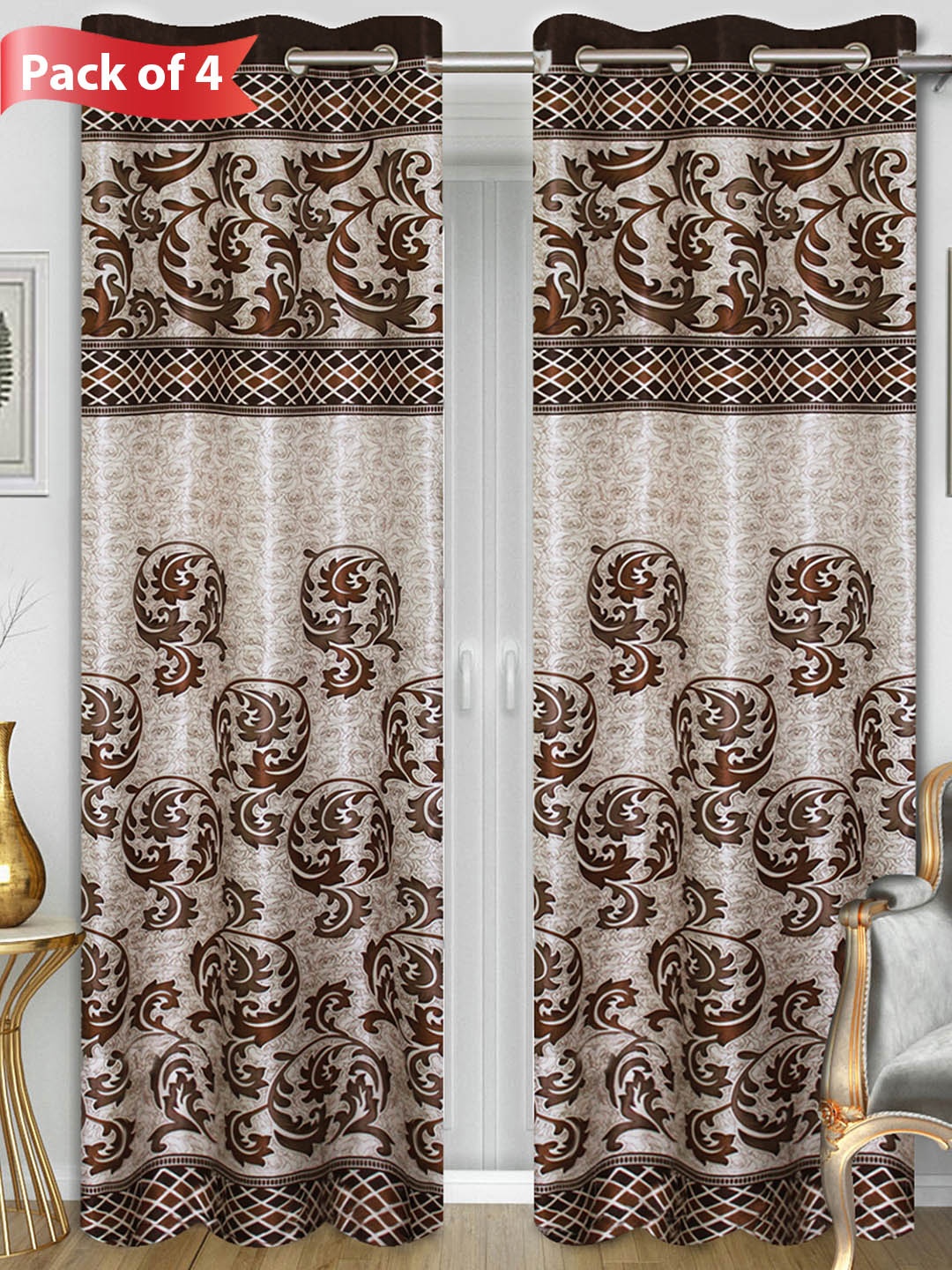

Aura Brown & Beige 4 Pieces Floral Printed Door Curtain