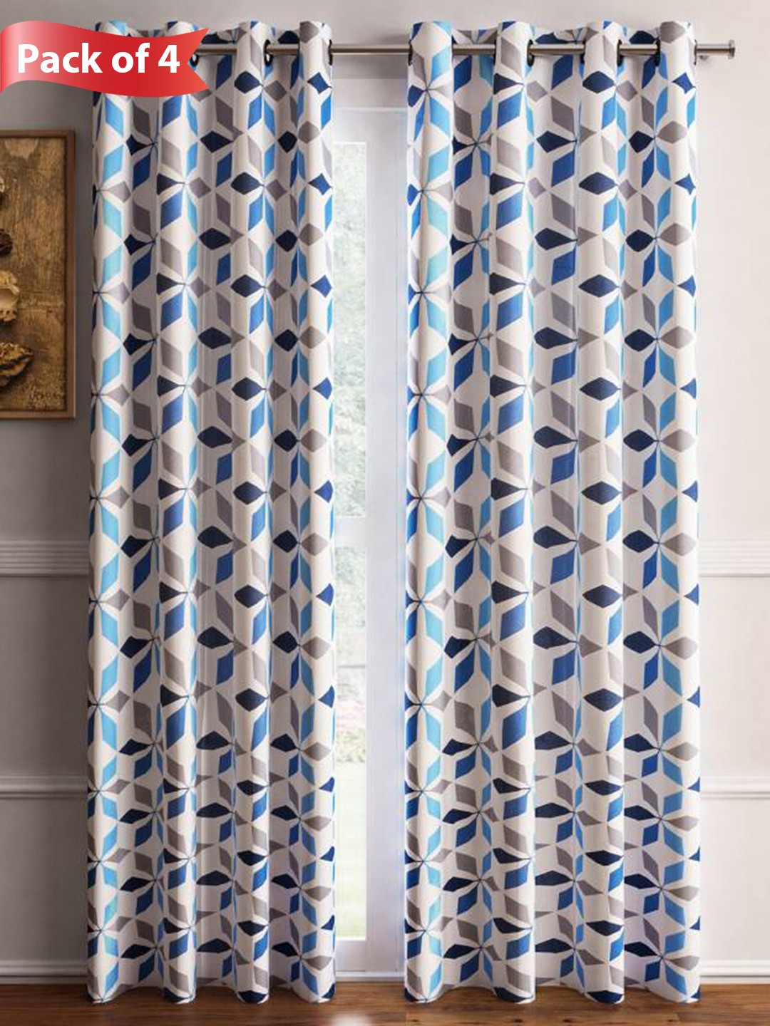 Aura Blue & White 4 Pieces Floral Printed Long Door Curtains