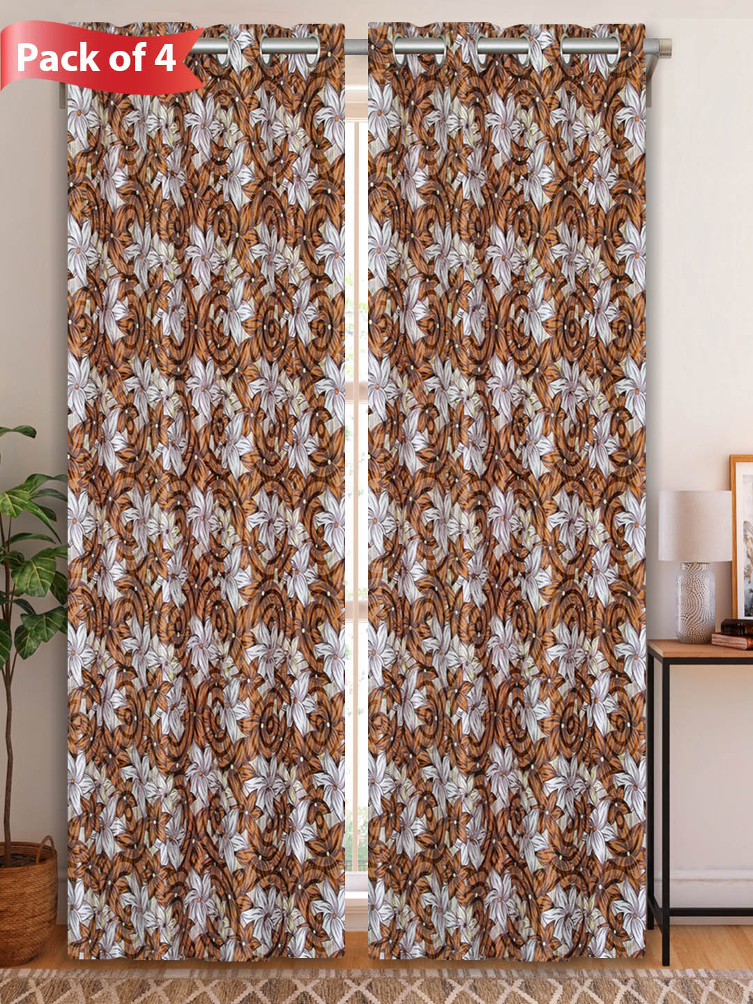 

Aura Brown & White 4 Pieces Floral Printed Door Curtains