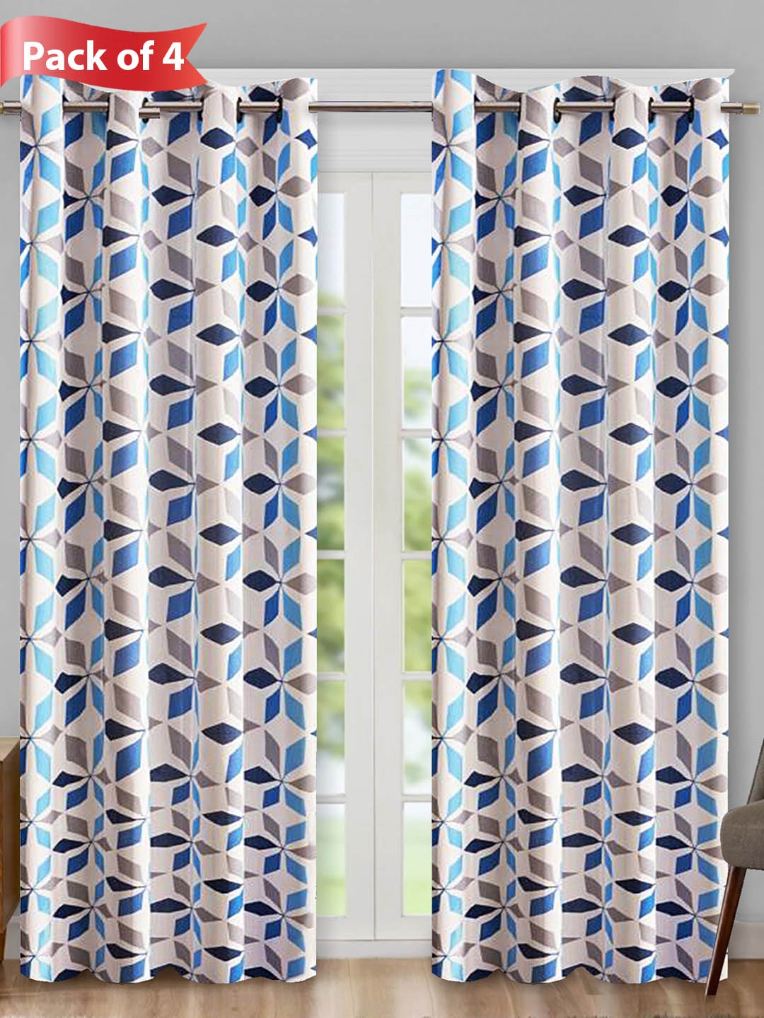 

Aura Blue & White 4 Pieces Floral Printed Door Curtain