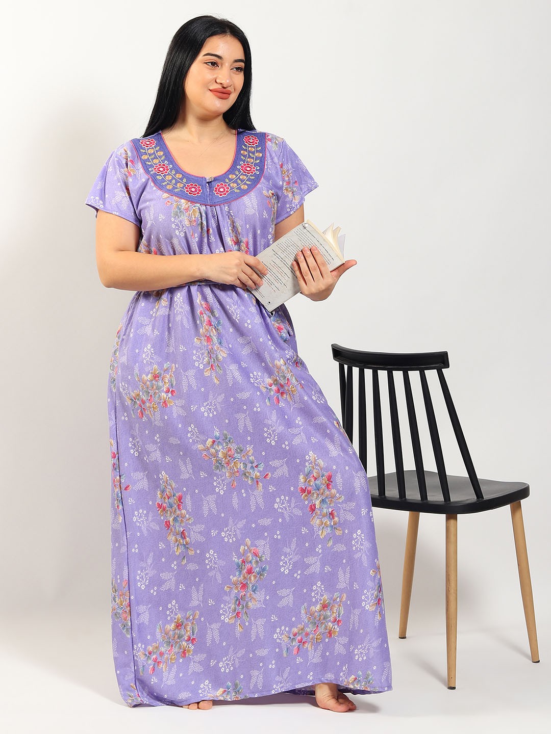 

Noty Plus Size Embroidered Floral Printed Maxi Nightdress, Blue