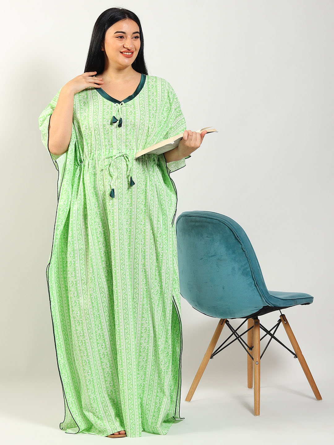 Noty Striped Plus Size Maxi Kaftan Nightdress, Green
