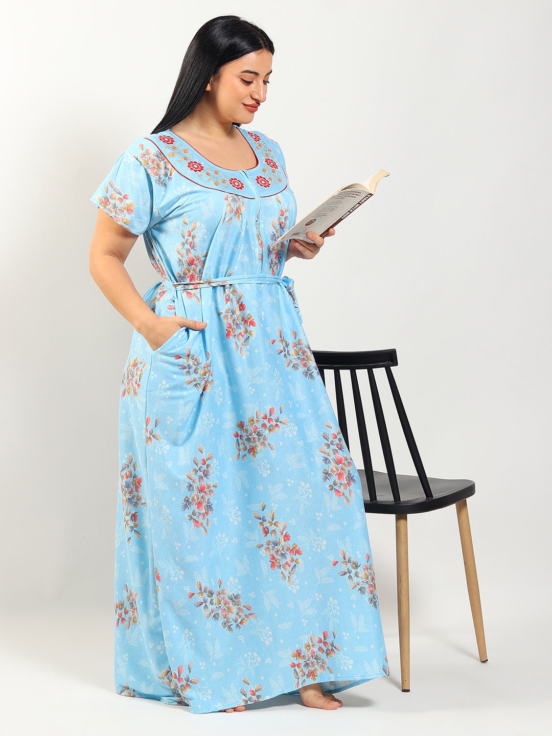 

Noty Plus Size Embroidered Floral Printed Maxi Nightdress, Blue