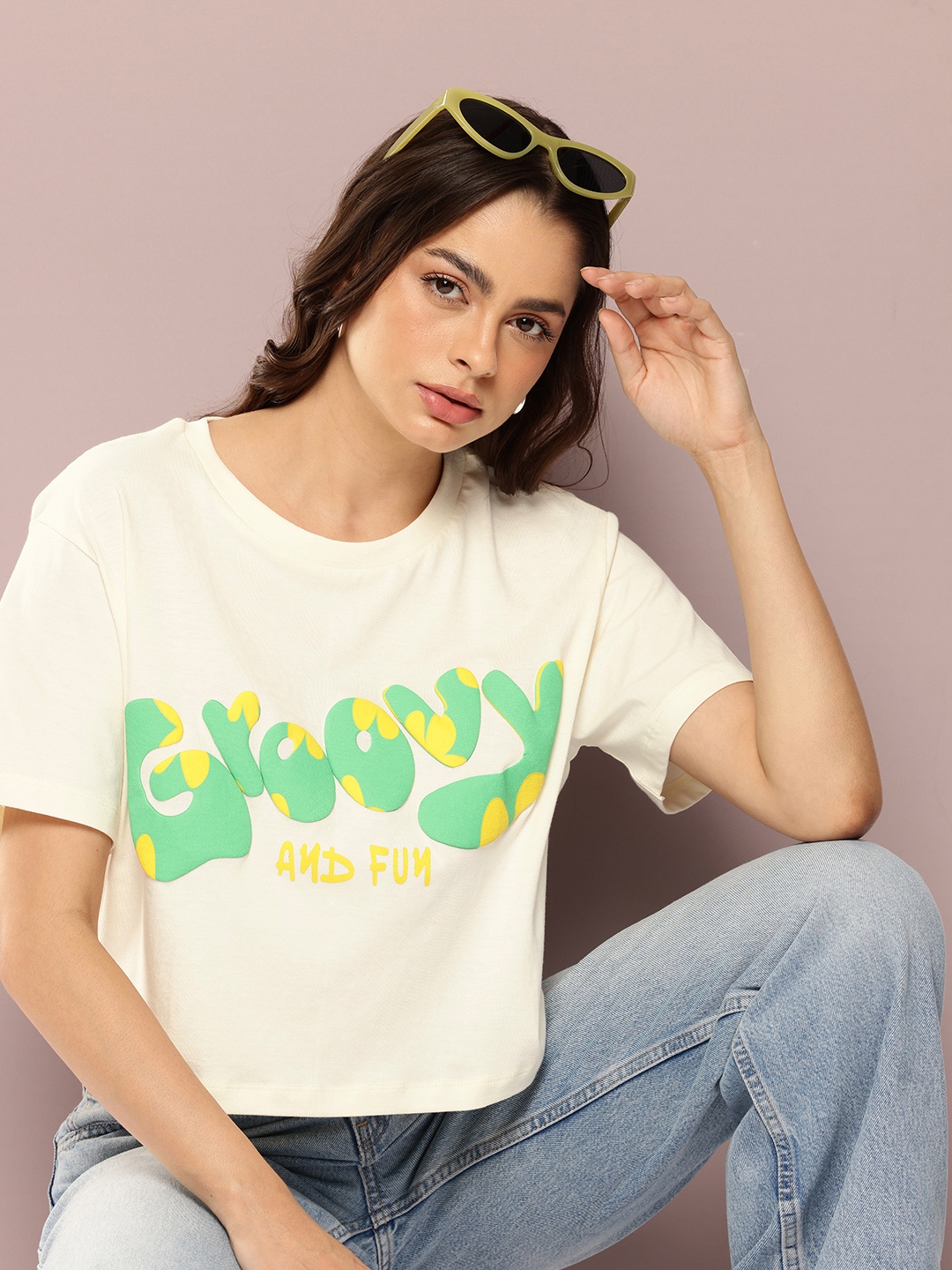 

Kook N Keech Typography Printed Drop-Shoulder Sleeves Pure Cotton Boxy T-shirt, Cream
