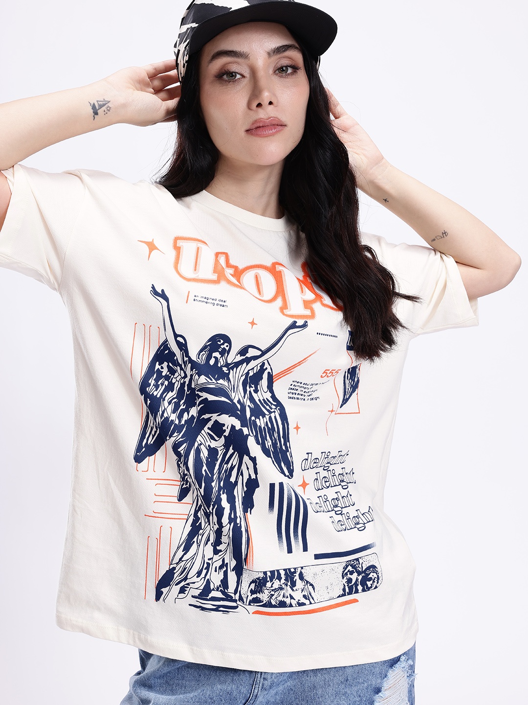 

Kook N Keech Oversized Fit Graphic Printed Pure Cotton T-shirt, Cream