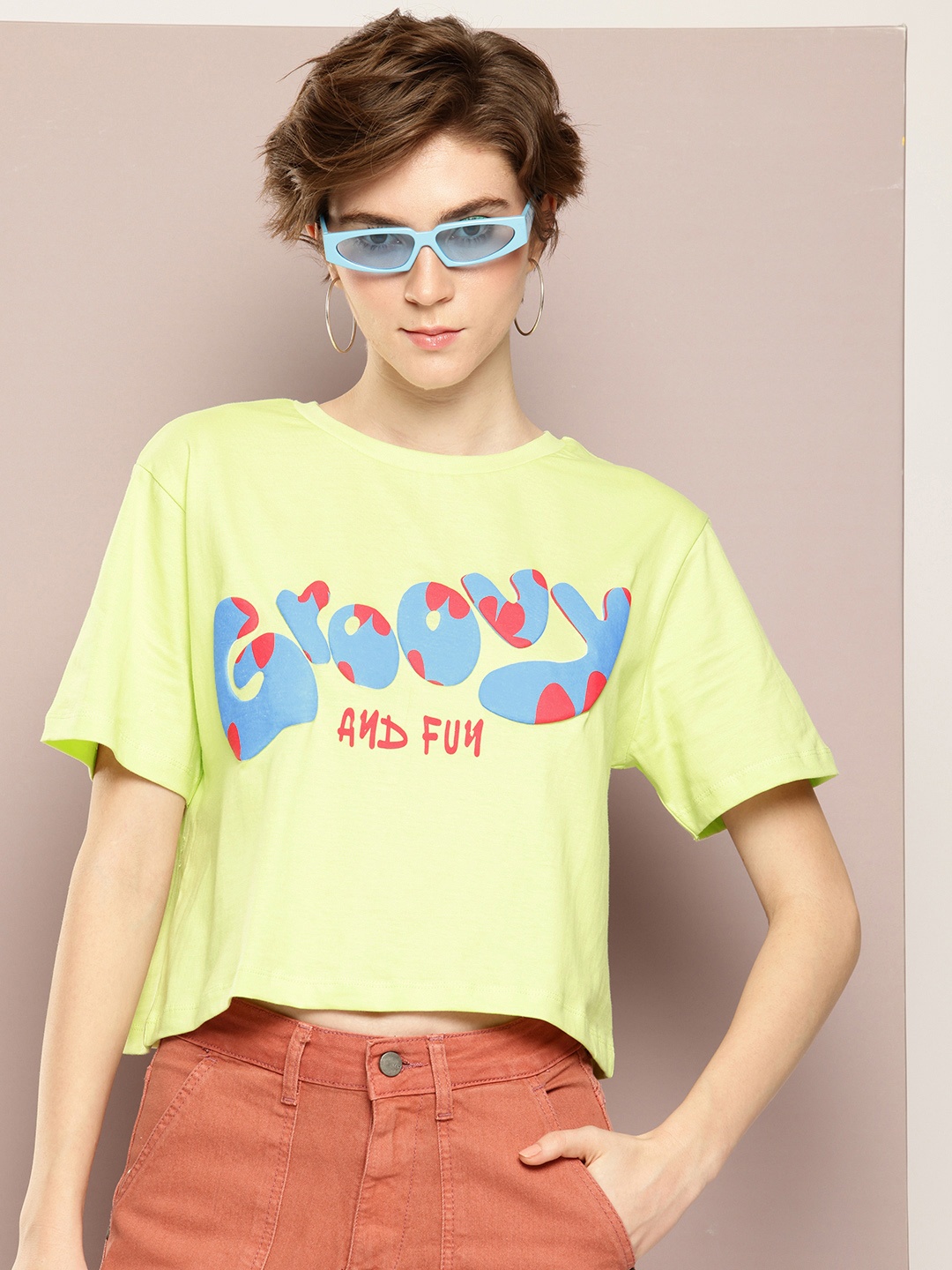

Kook N Keech Pure Cotton Typography Printed Oversized Crop T-shirt, Green