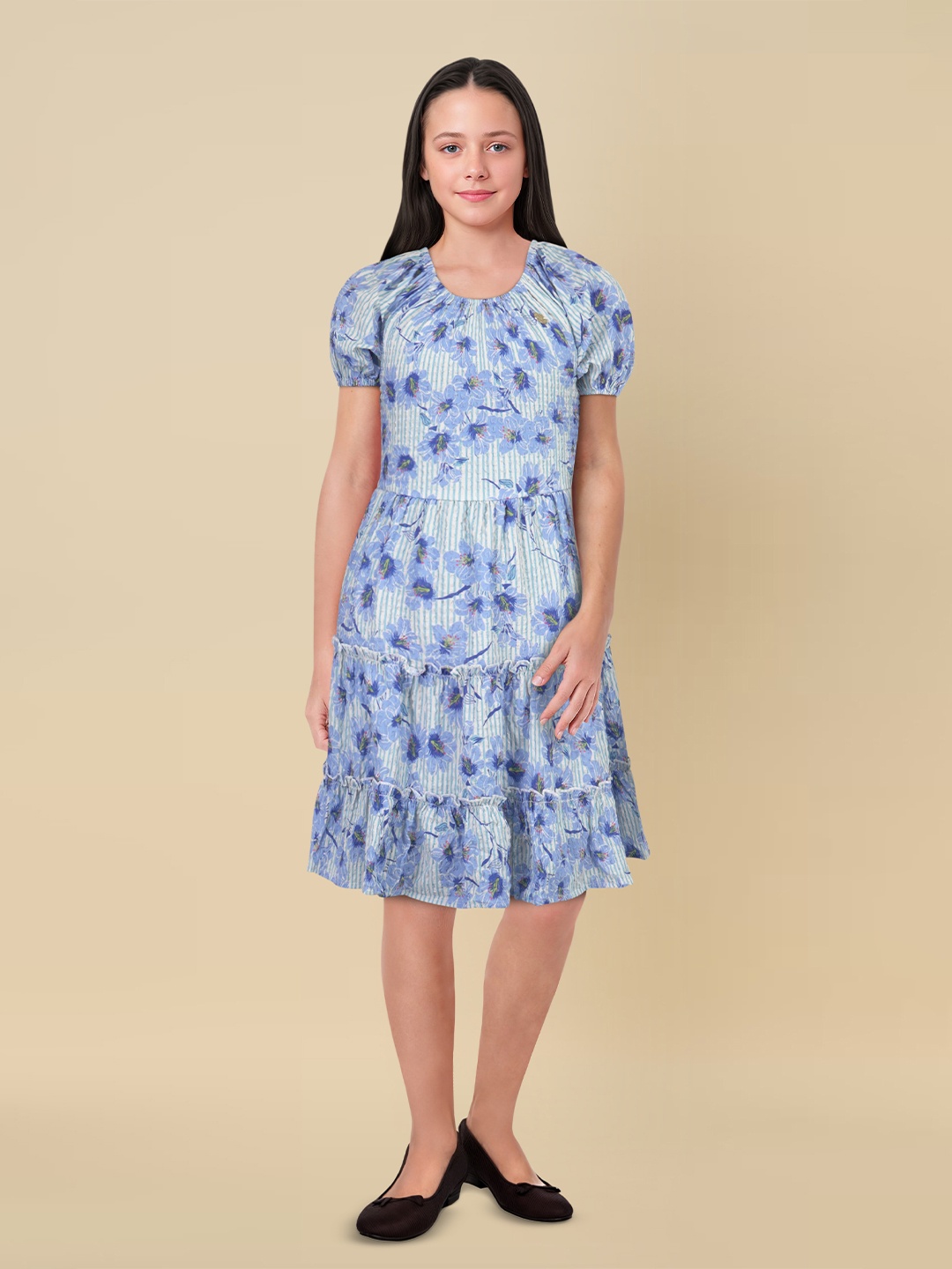 

Allen Solly Junior Floral Printed Seersucker Smocked Puff Sleeves A-Line Tiered Dress, Blue