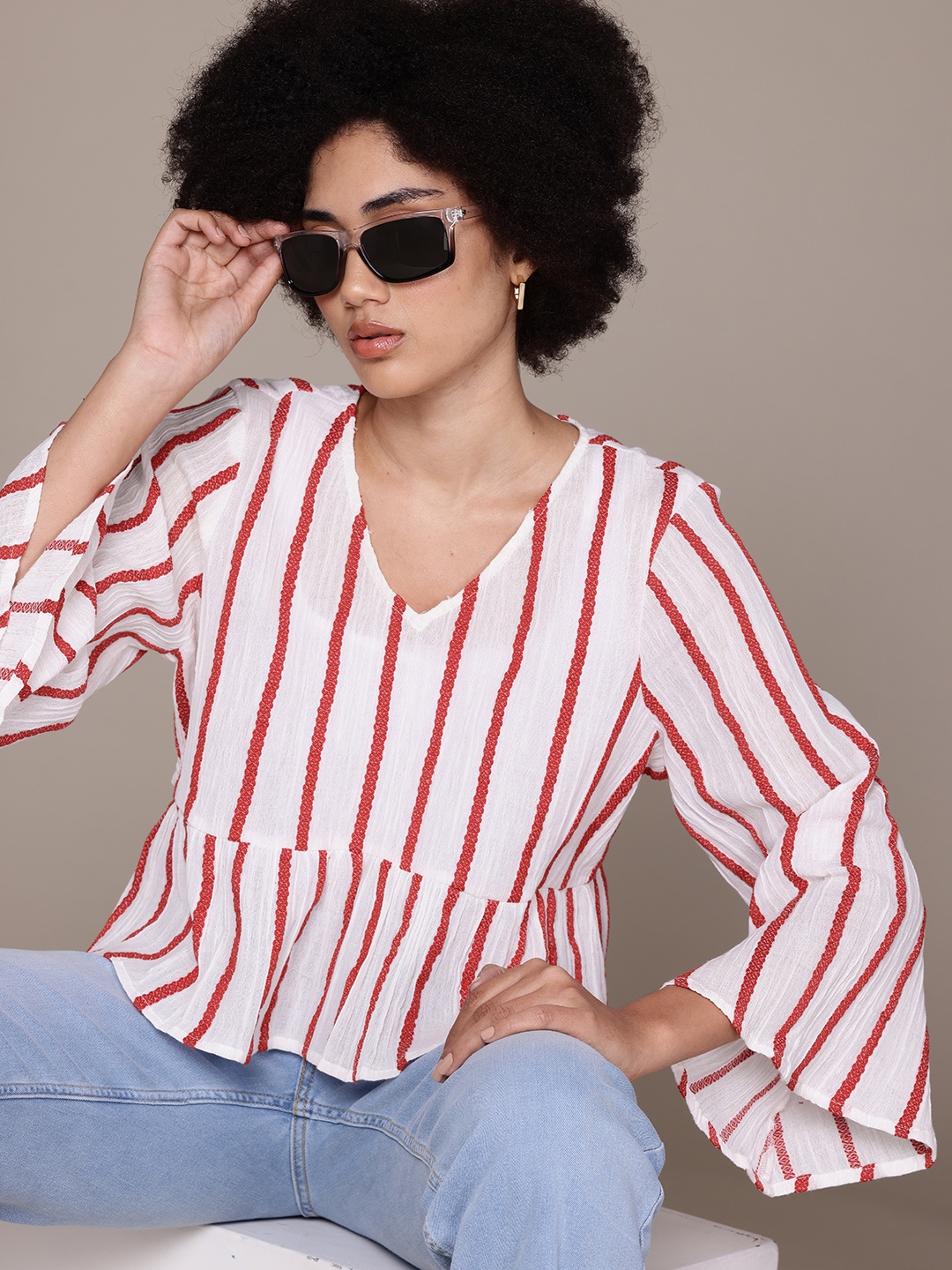 

Roadster The Lifestyle Co. Pure Cotton Striped Flared Sleeve Regular Top, White