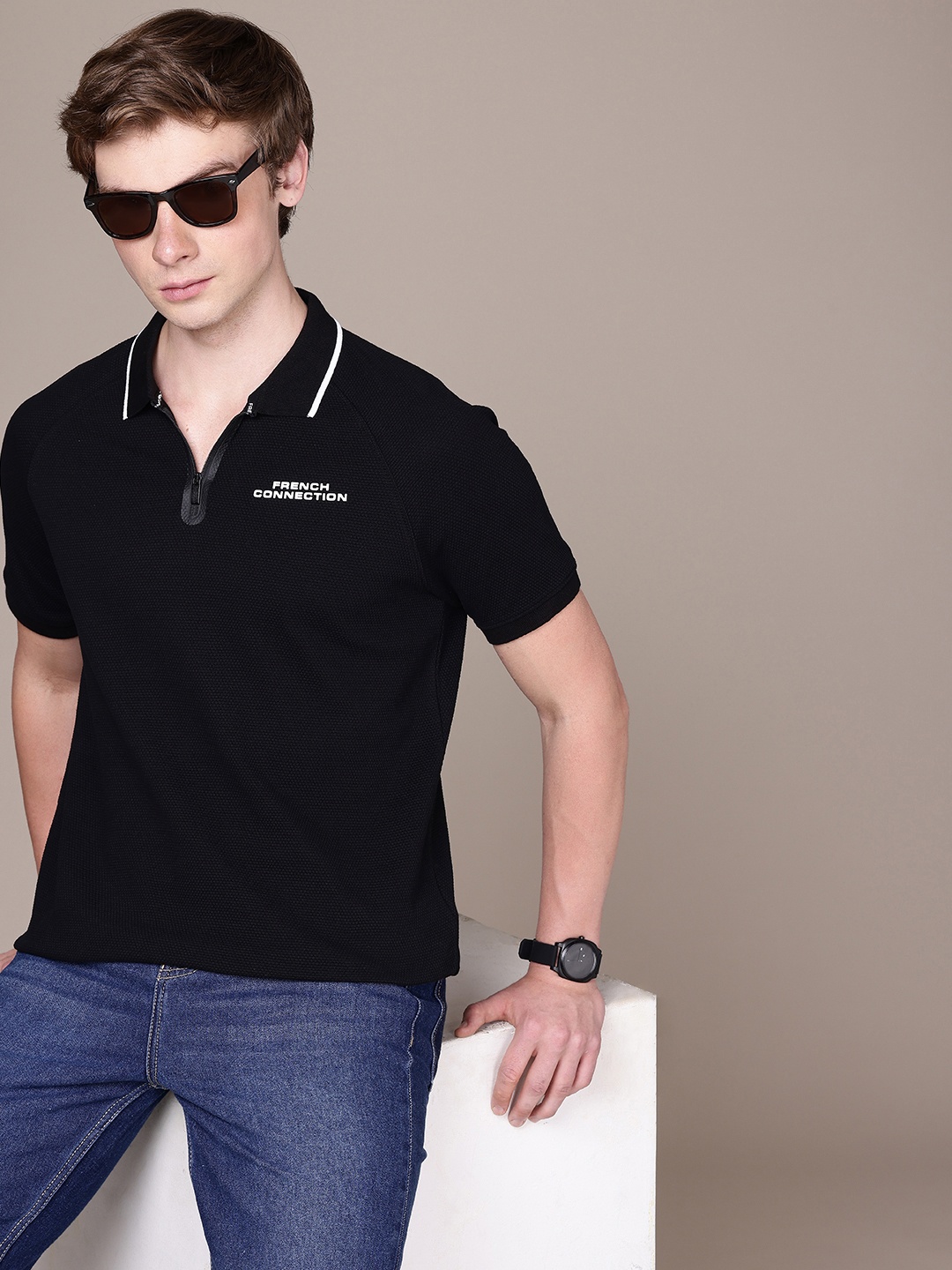 

French Connection Self Designed Polo Collar Pure Cotton T-shirt, Black