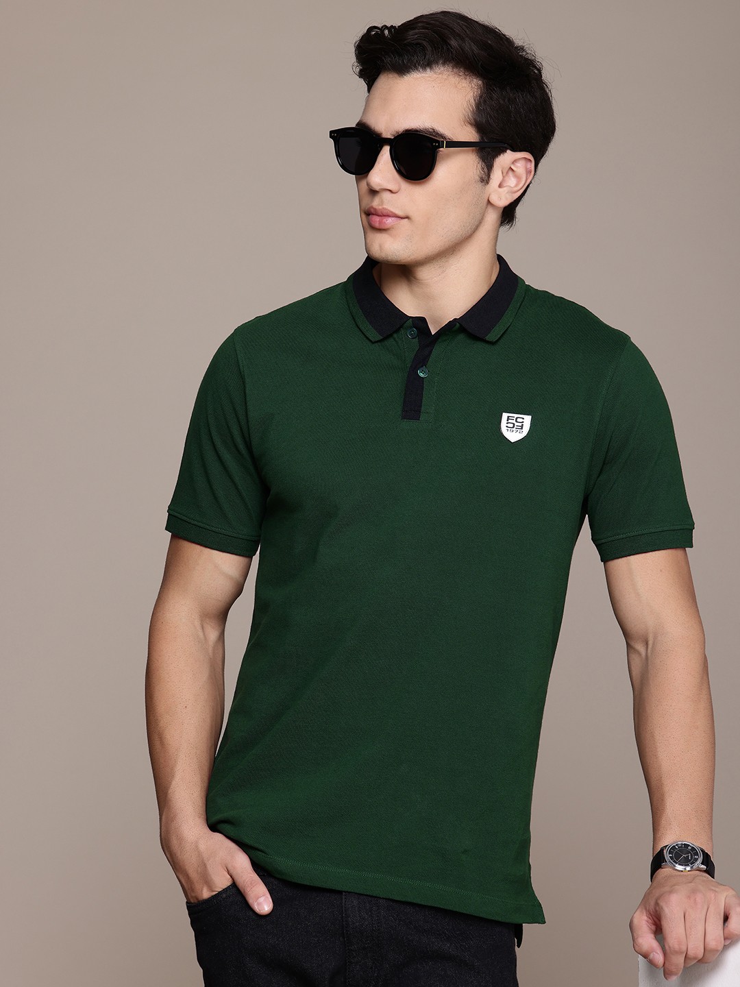 

French Connection Polo Collar Pure Cotton Tshirts, Green