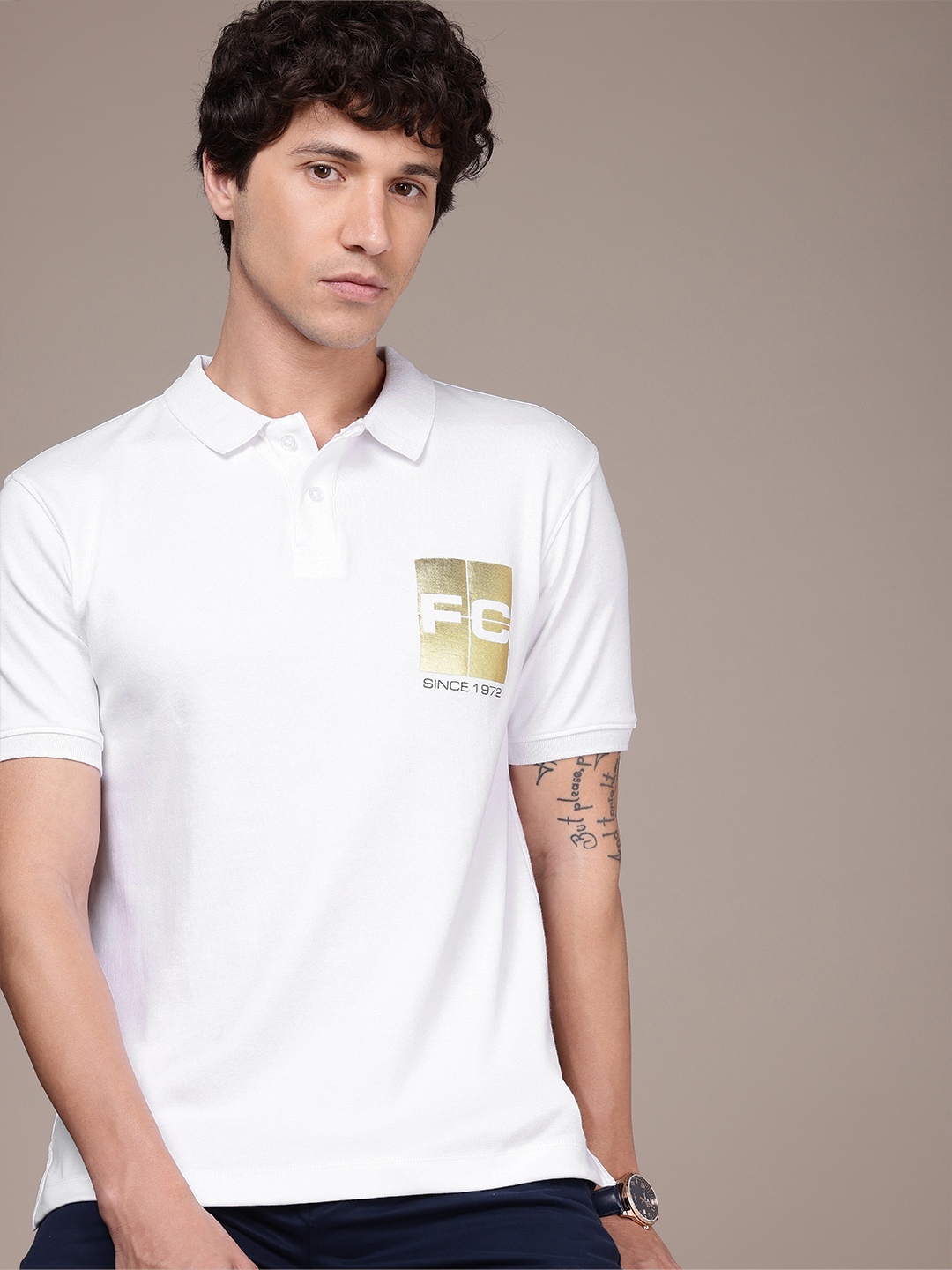 

French Connection Brand Logo Printed Polo Collar Pure Cotton Casual T-shirt, White